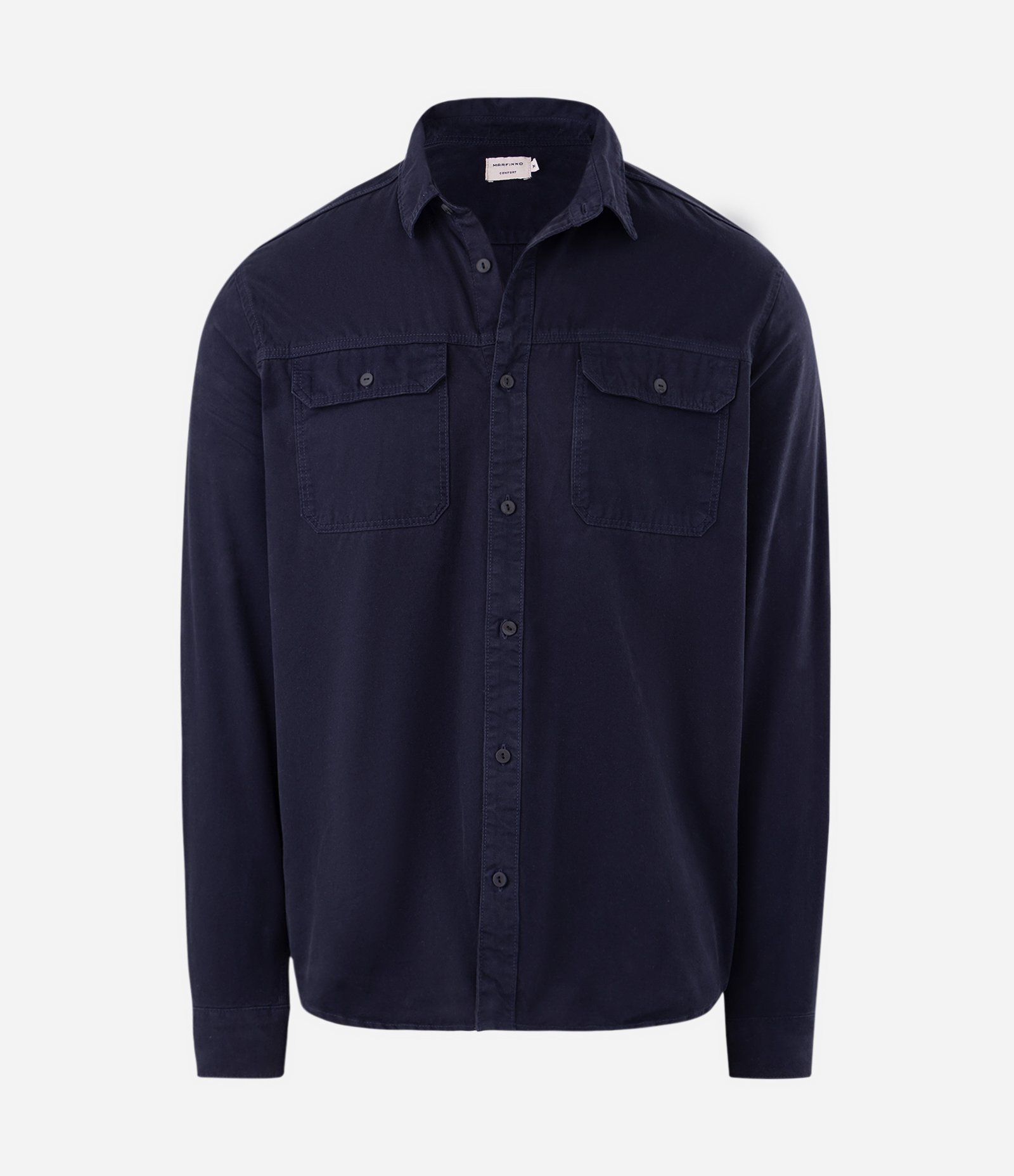 Camisa Comfort em Sarja com Bolsos de Lapela Azul Escuro 2
