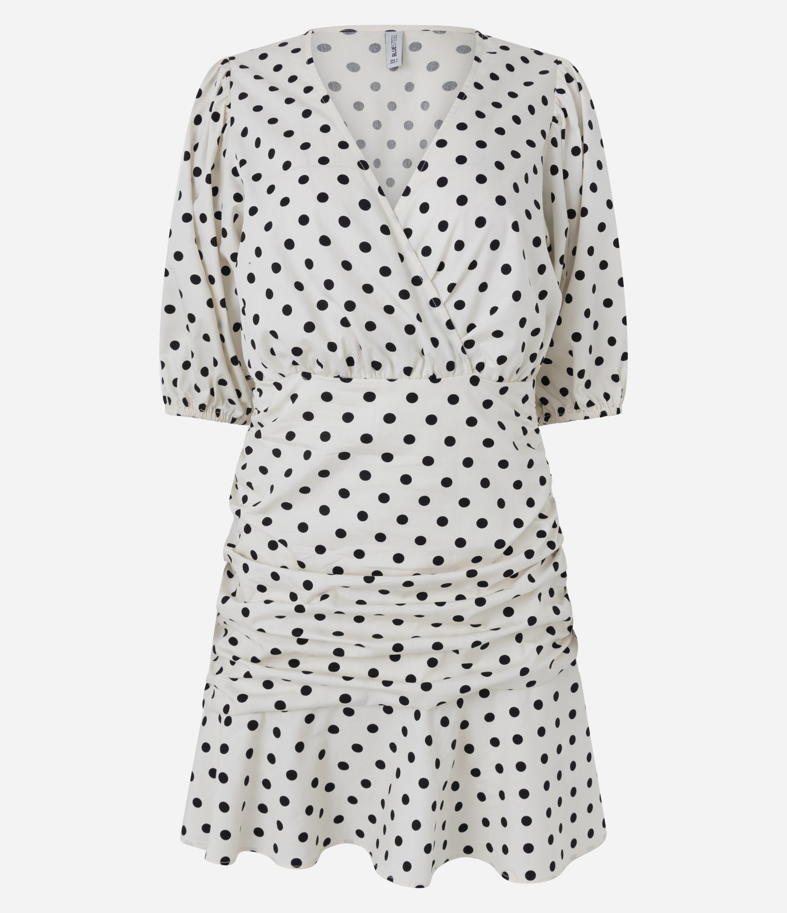 Vestido Curto Transpassado com Manga Bufante e Estampa Poá Off White 5