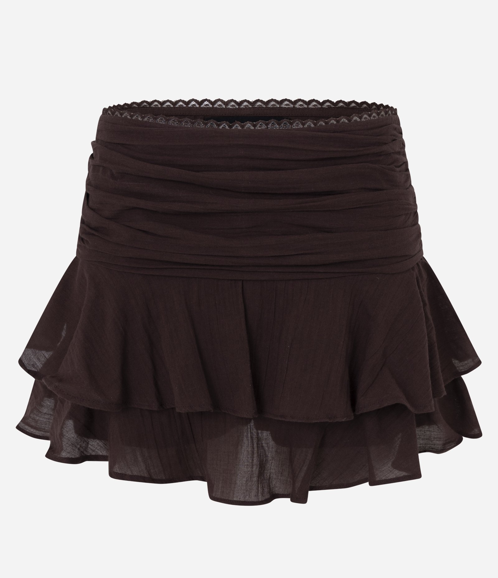 Short Saia em Algodão com Babados em Camadas e Detalhes de Renda Marrom 1