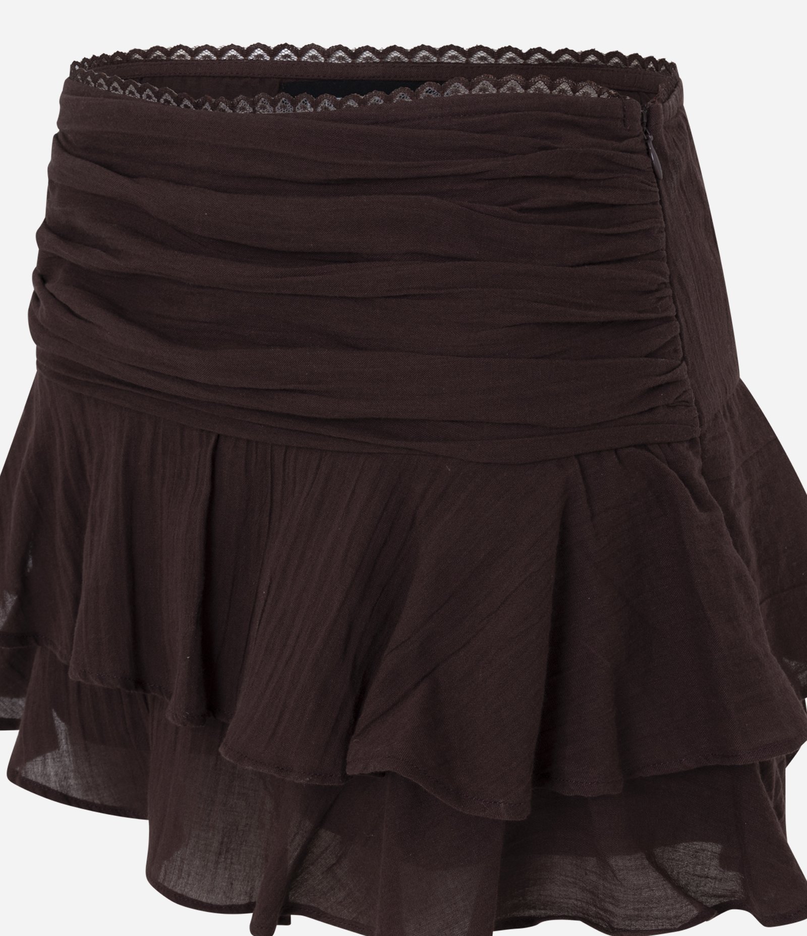 Short Saia em Algodão com Babados em Camadas e Detalhes de Renda Marrom 2