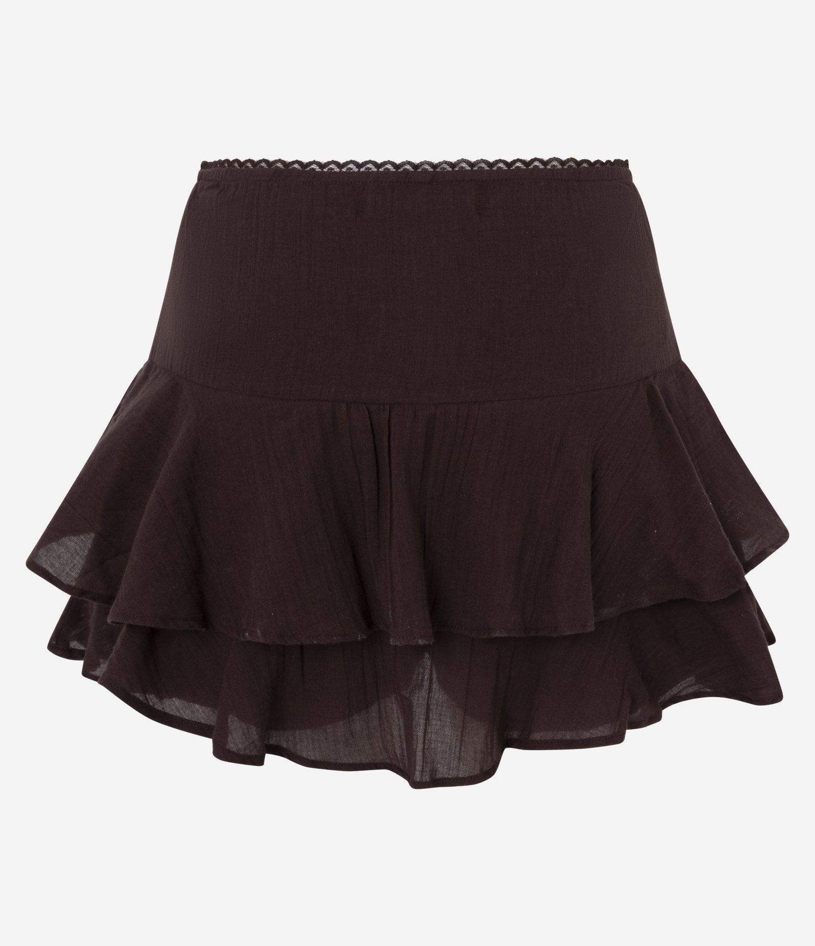 Short Saia em Algodão com Babados em Camadas e Detalhes de Renda Marrom 3