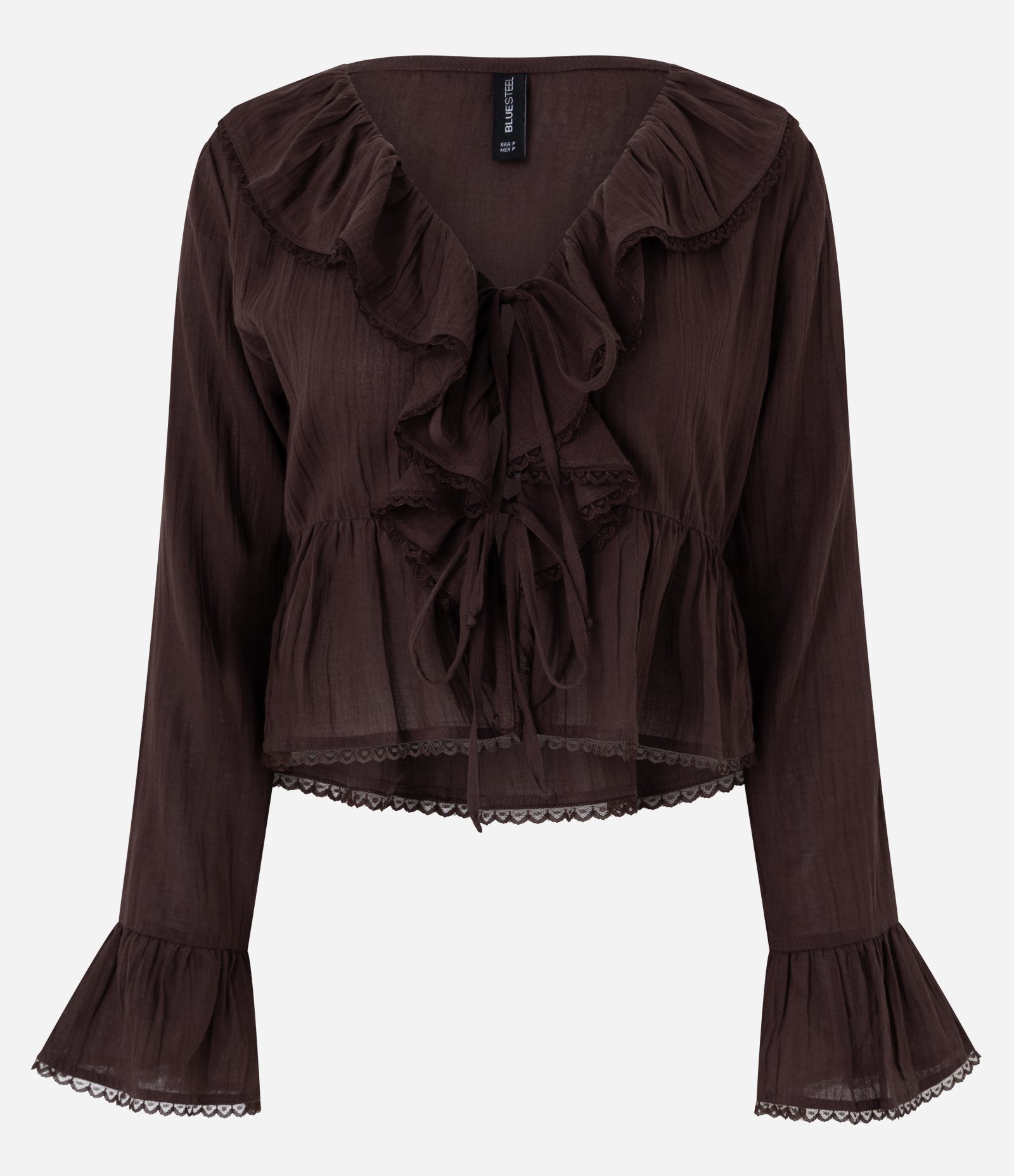 Blusa em Algodão com Babados Frontais e Renda Delicada Marrom 1