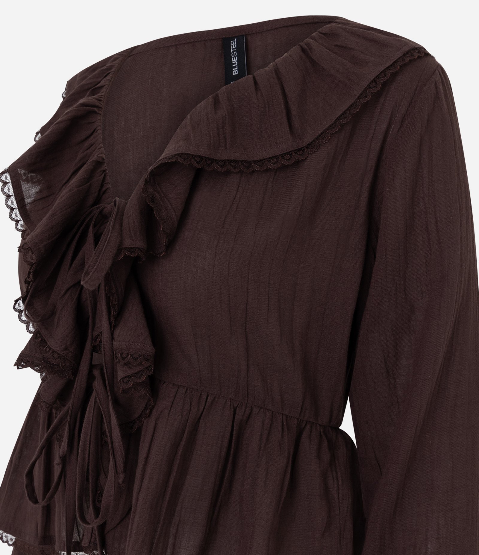 Blusa em Algodão com Babados Frontais e Renda Delicada Marrom 2