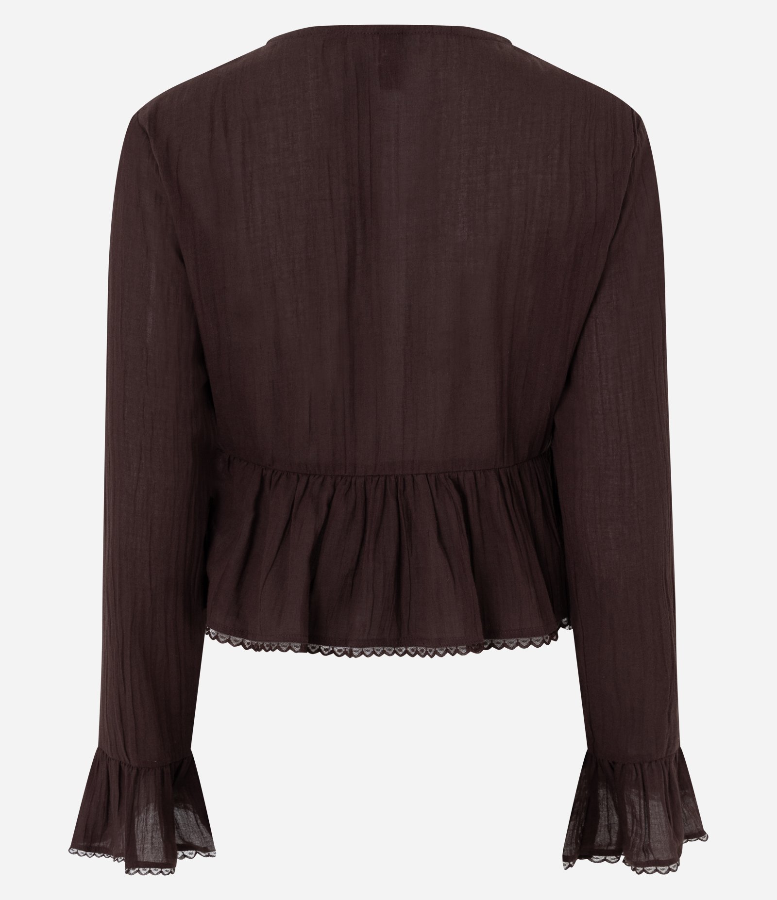 Blusa em Algodão com Babados Frontais e Renda Delicada Marrom 3