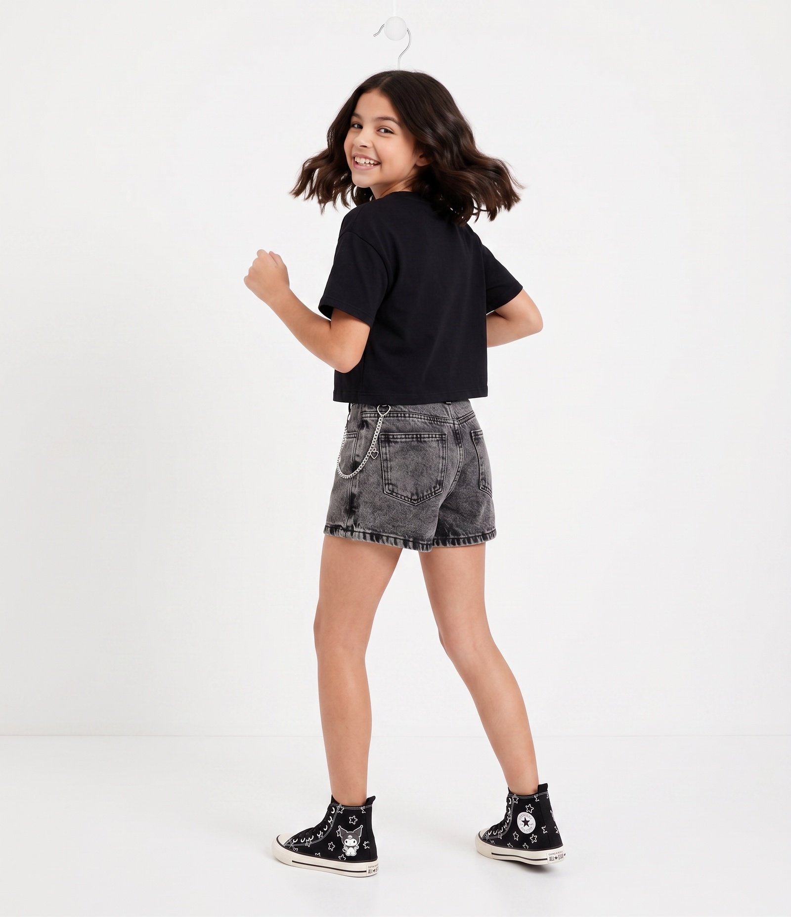 Saia Short Infantil em Jeans com Pingentes Coração e Estrelas – Tam 5 a 16 Anos Cinza Estonado 2