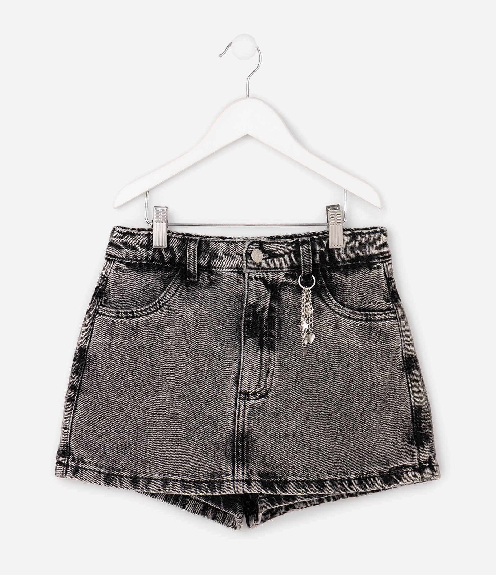 Saia Short Infantil em Jeans com Pingentes Coração e Estrelas – Tam 5 a 16 Anos Cinza Estonado 7