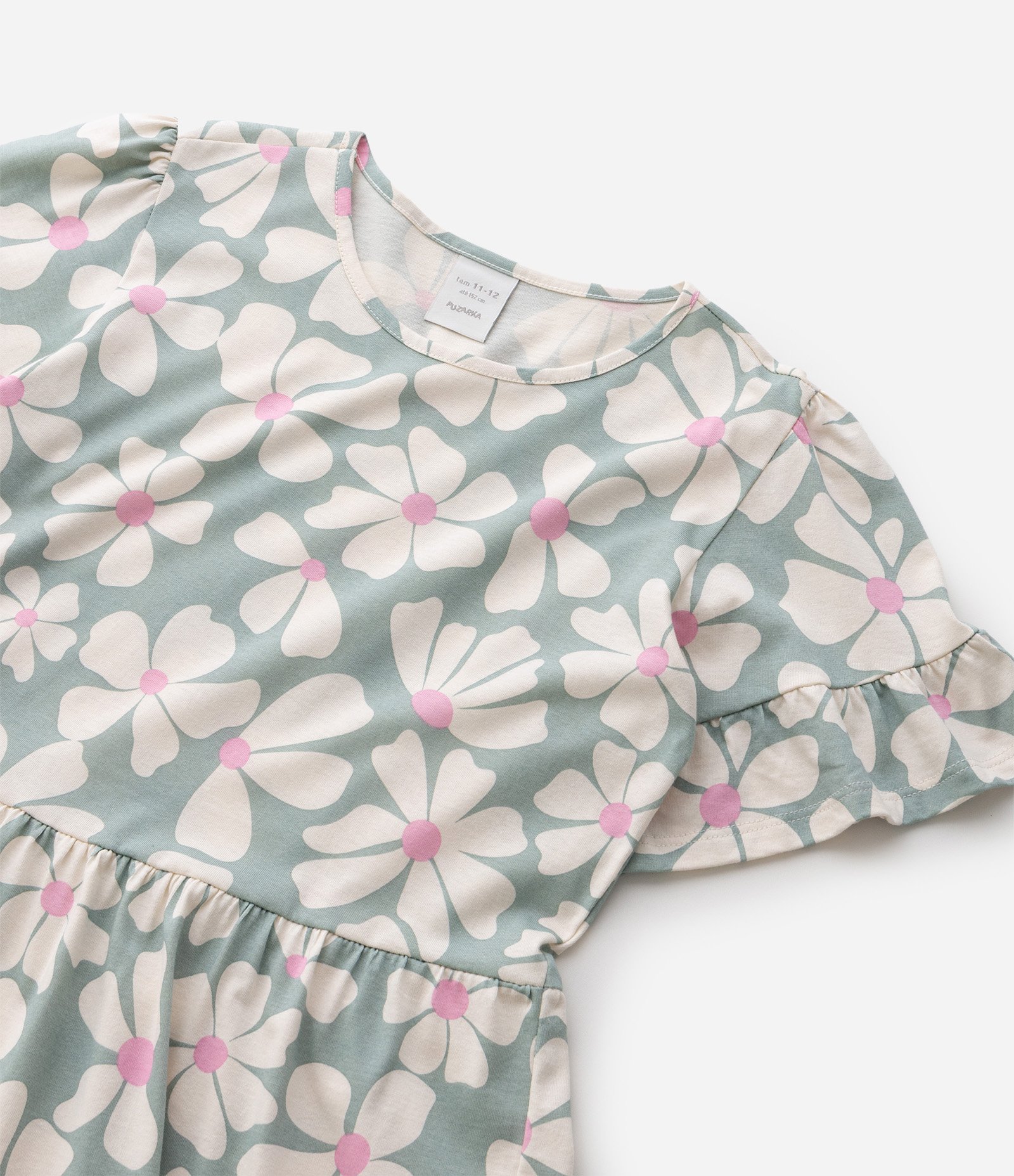 Vestido Marias Infantil com Estampa Floral e Recorte – Tam 5 a 16 Anos Verde/Bege Claro 4