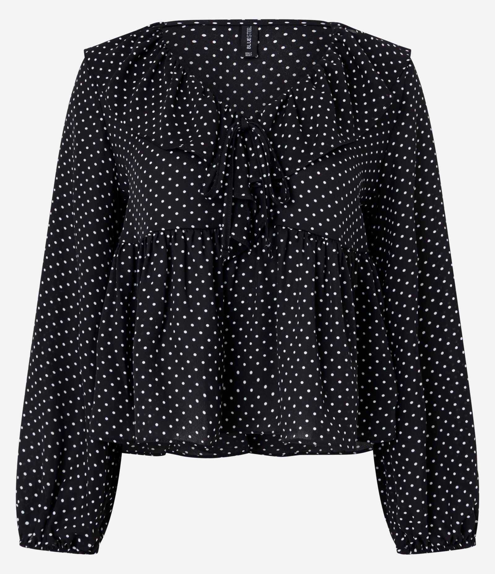 Blusa Manga Longa em Viscolinho com Estampa Poá e Babados Preto 1