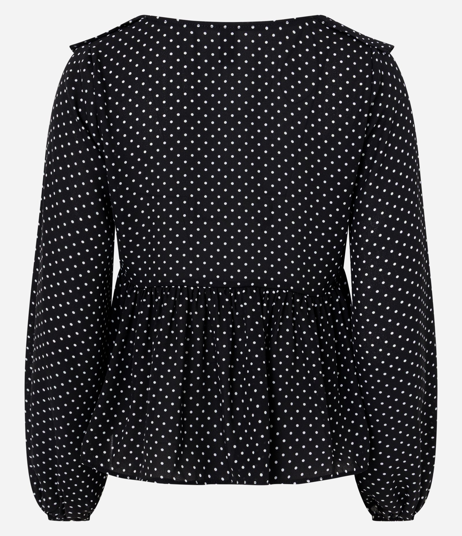 Blusa Manga Longa em Viscolinho com Estampa Poá e Babados Preto 2