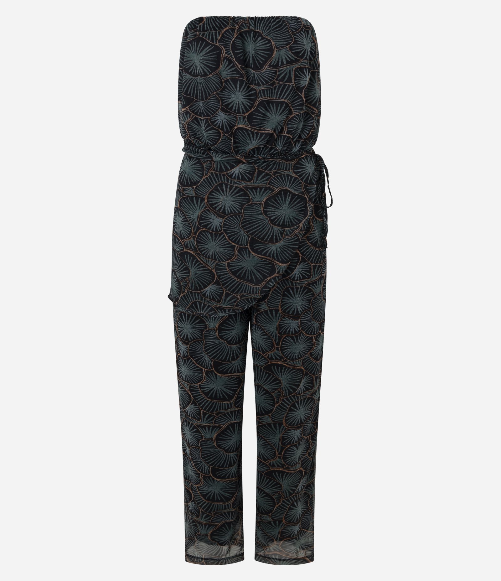 Macacão Tomara que Caia em Chiffon com Estampa Abstrata Preto/Verde 1