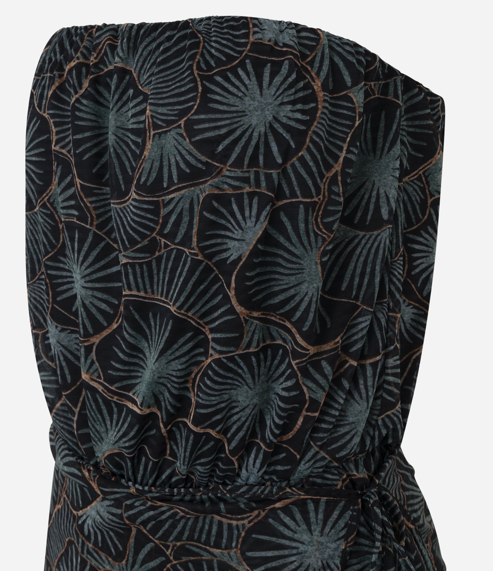 Macacão Tomara que Caia em Chiffon com Estampa Abstrata Preto/Verde 2