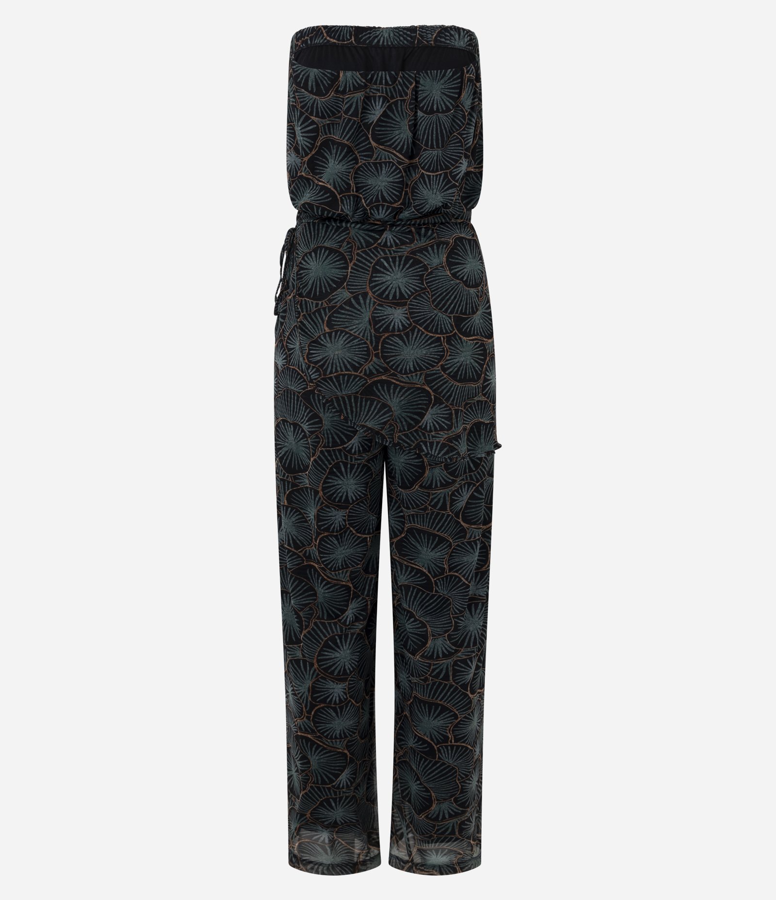 Macacão Tomara que Caia em Chiffon com Estampa Abstrata Preto/Verde 3