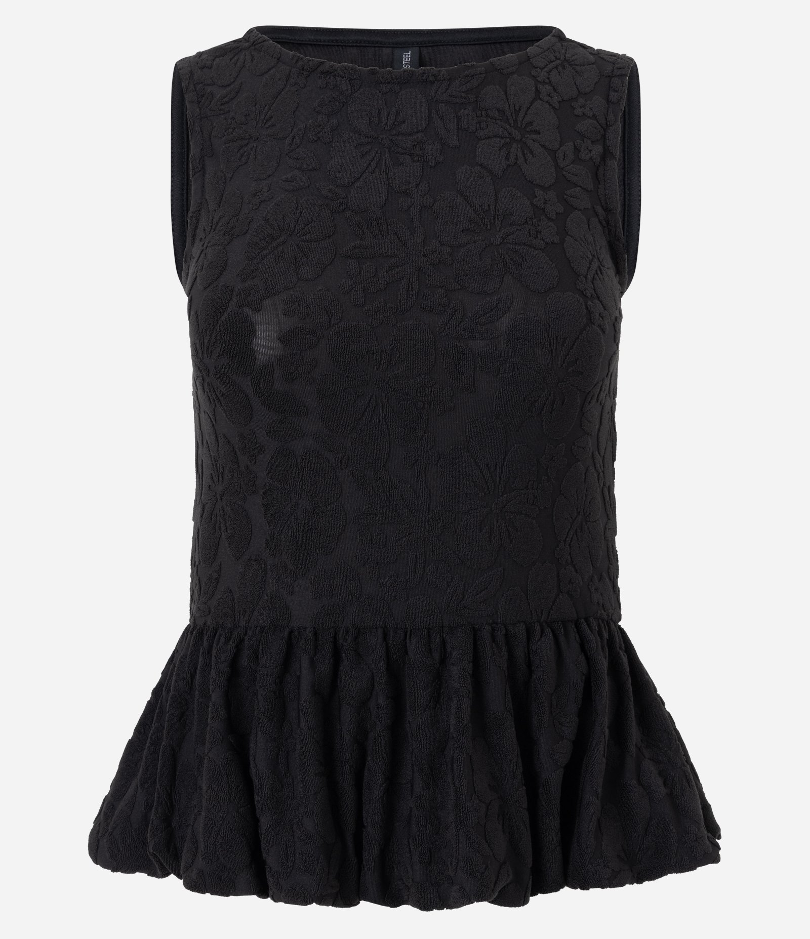 Blusa Peplum em Jacquard Floral sem Mangas Preto 1