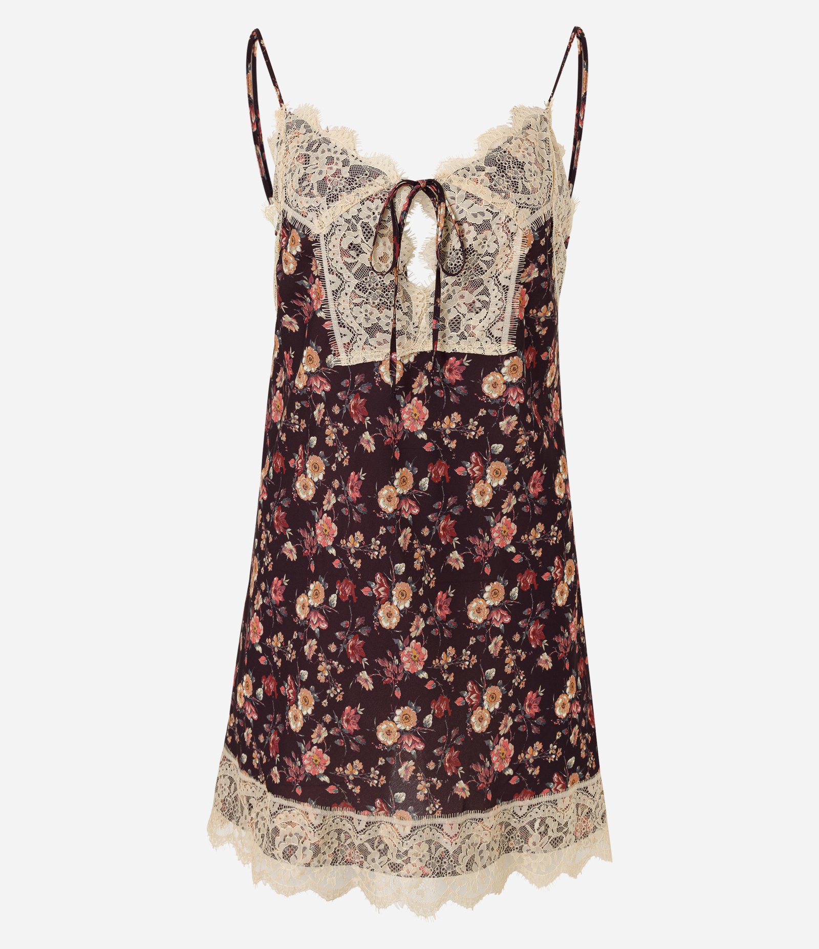 Vestido Curto Floral com Renda Marrom 1