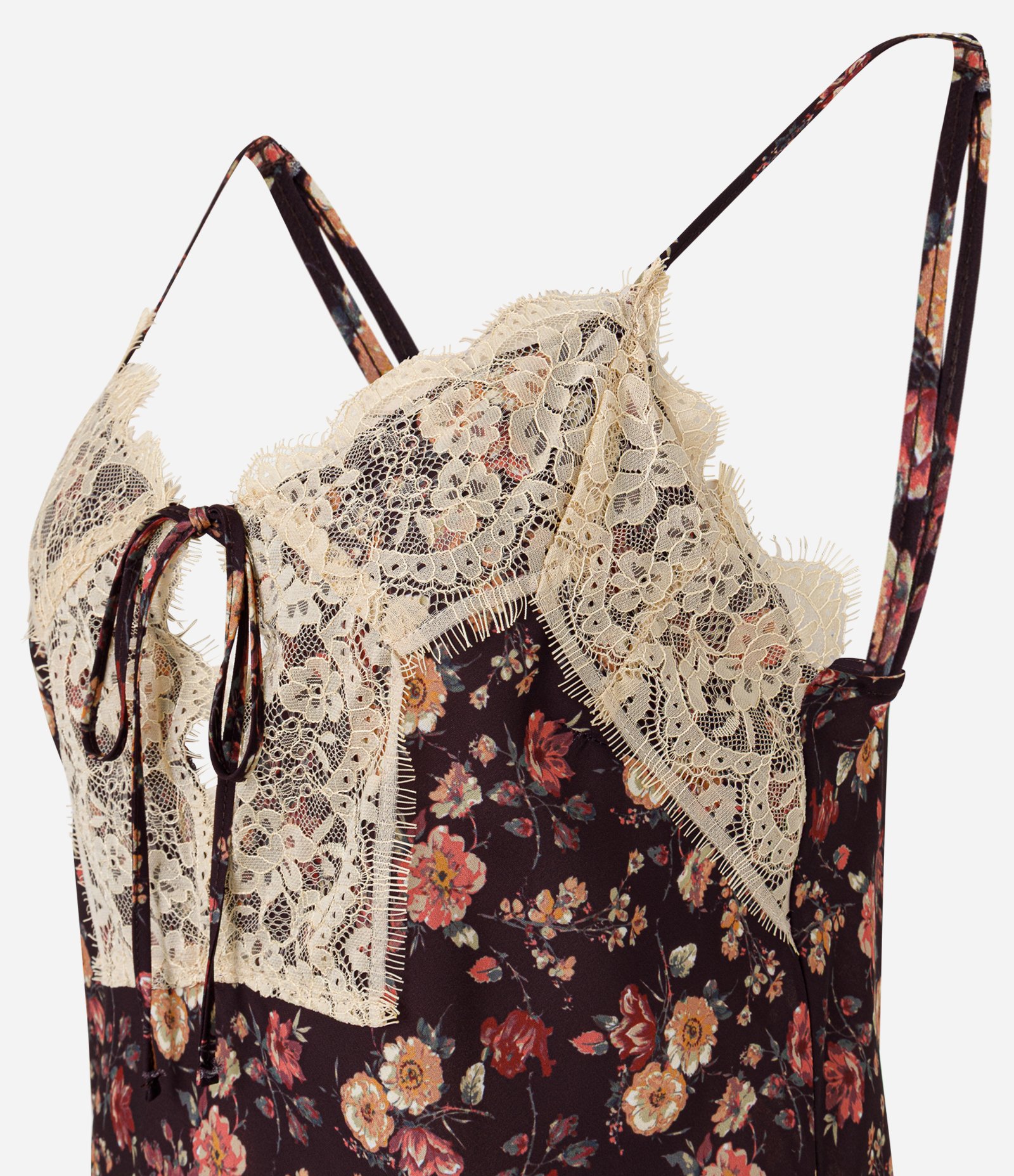 Vestido Curto Floral com Renda Marrom 2