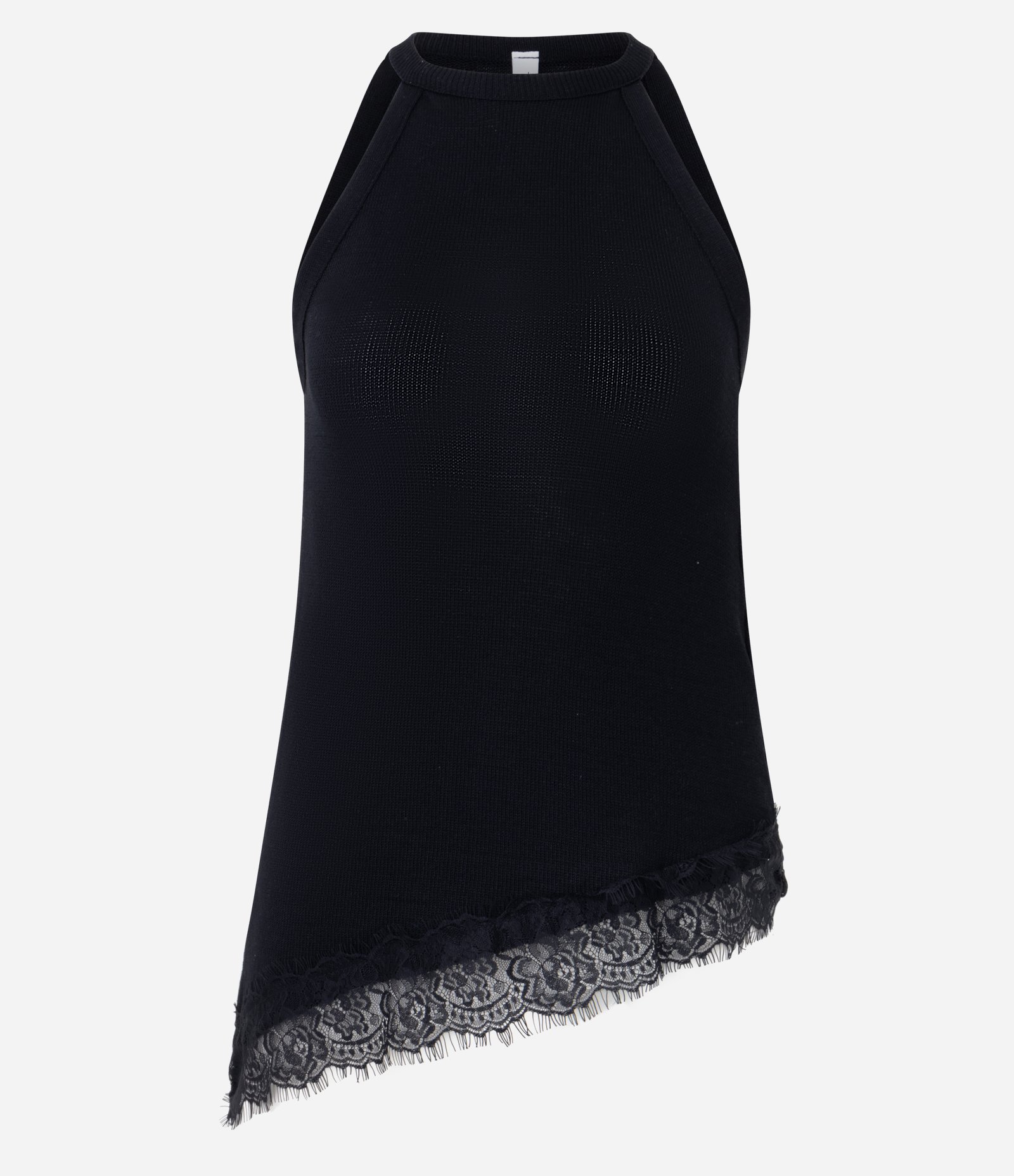Blusa em Tricô com Barra Assimétrica e Detalhe em Renda Preto 5