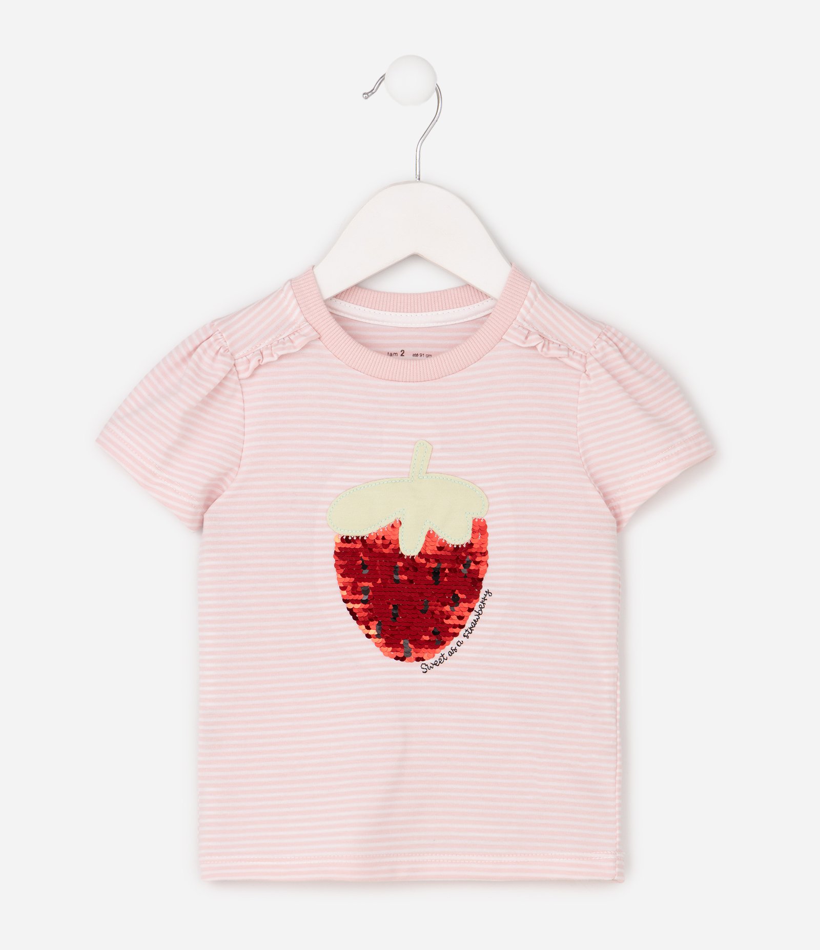 Camiseta Listrada Infantil com Morango em Paetê Reversível - Tam 1 a 6 Anos Rosa 2
