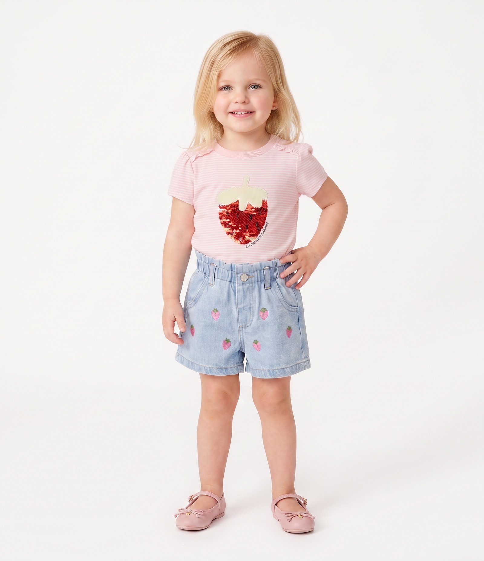 Camiseta Listrada Infantil com Morango em Paetê Reversível - Tam 1 a 6 Anos Rosa 1
