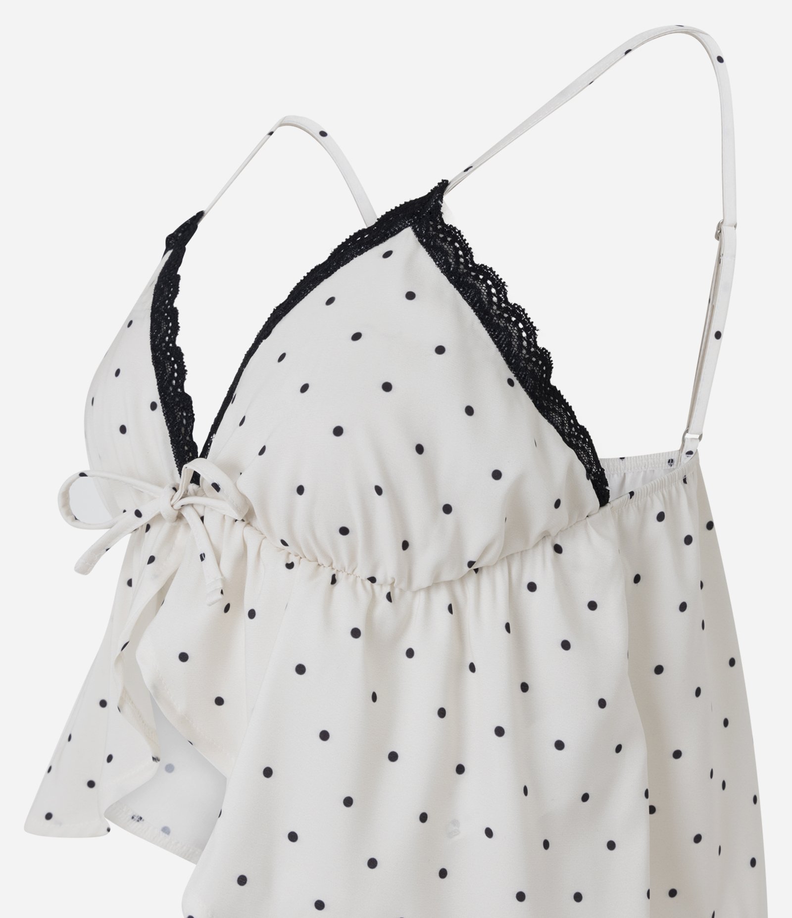 Blusa de Pijama em Cetim com Estampa Poá Abertura Frontal e Renda Branco/Preto 2