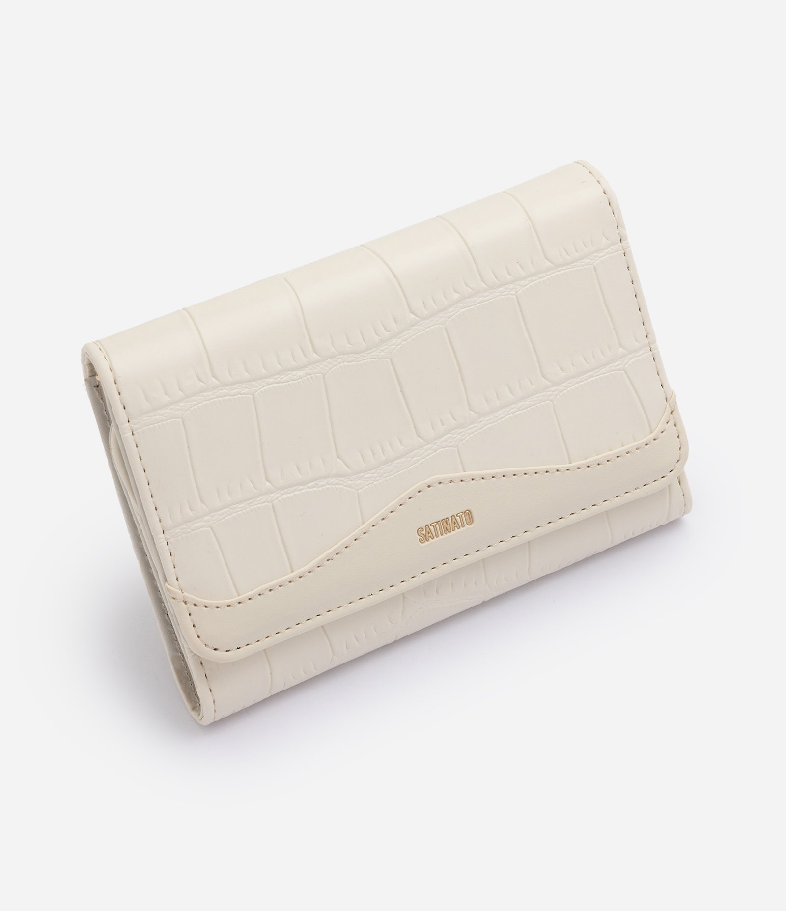 Carteira Envelope Média em PU com Textura Croco Off White 1
