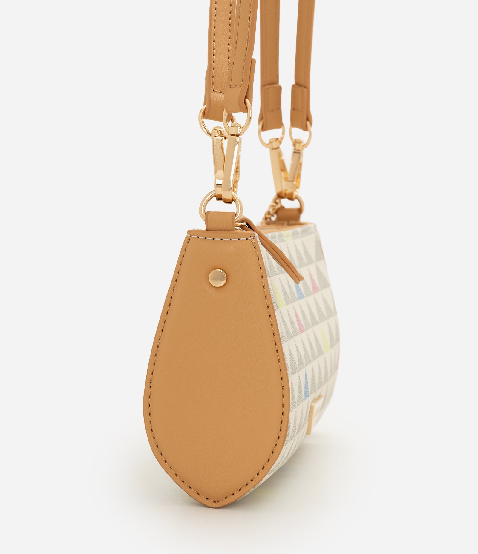 Bolsa Baguete em PU com Estampa Geométrica e Pompom Removível Off White/Bege 2