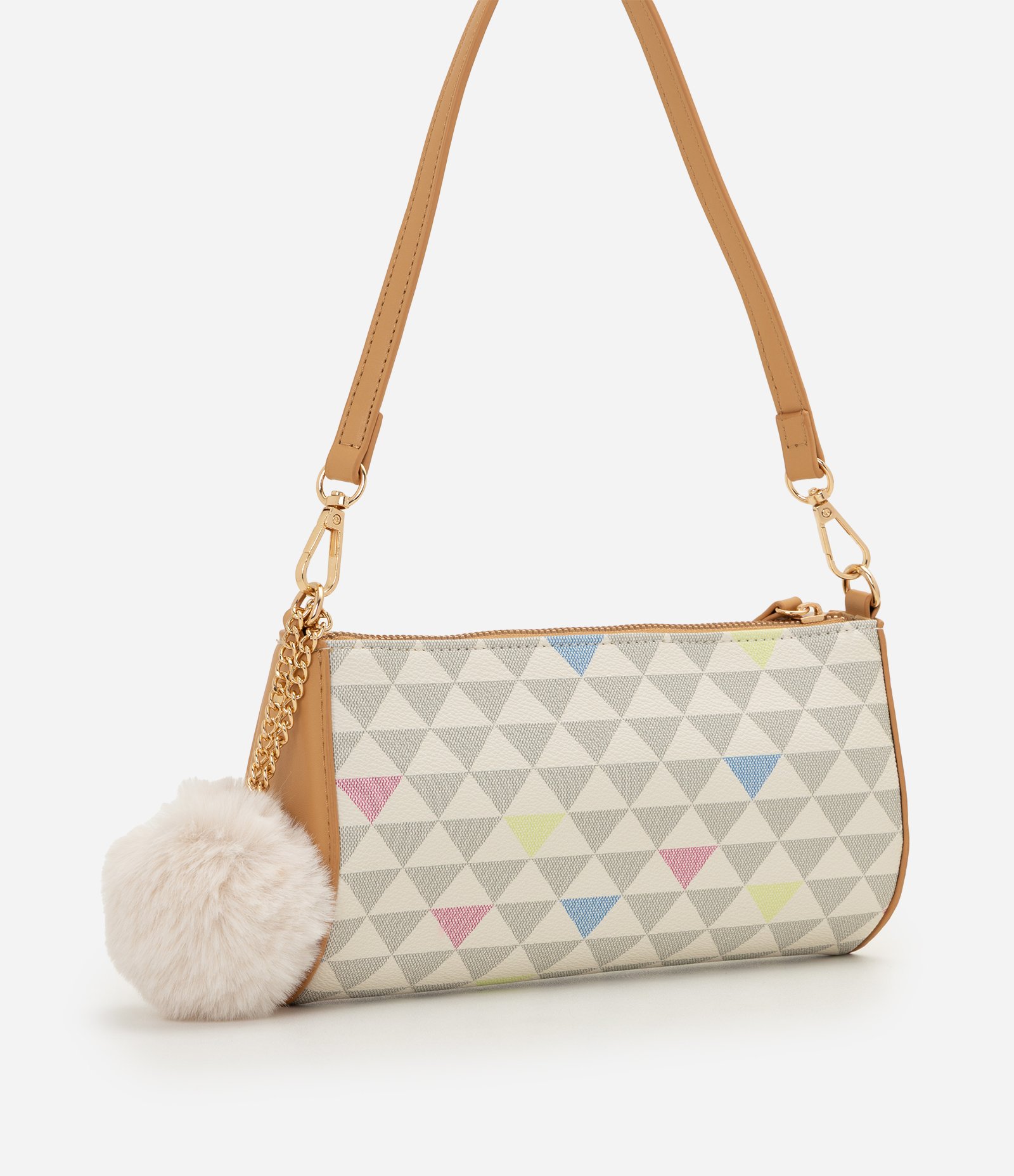 Bolsa Baguete em PU com Estampa Geométrica e Pompom Removível Off White/Bege 3