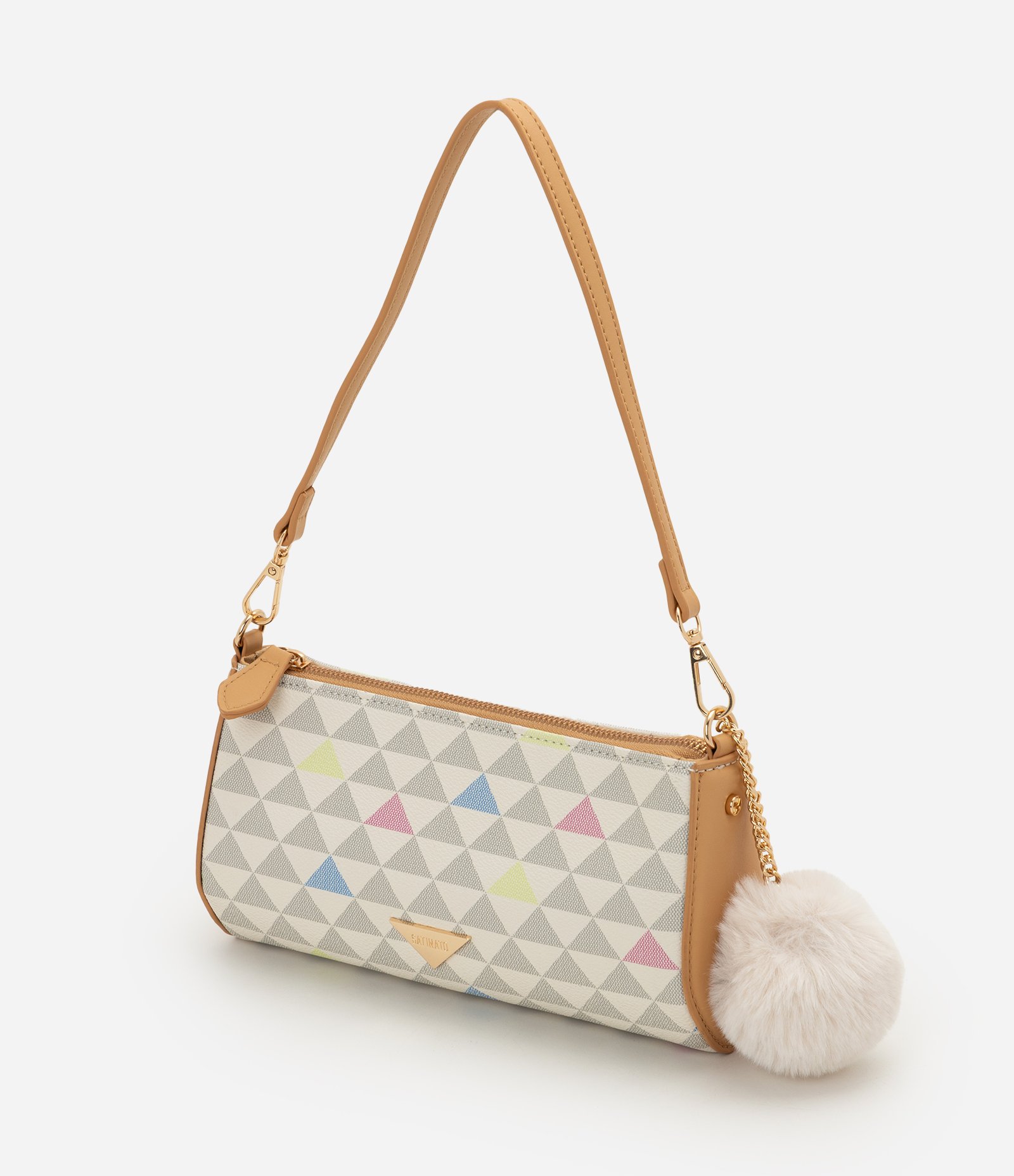 Bolsa Baguete em PU com Estampa Geométrica e Pompom Removível Off White/Bege 4
