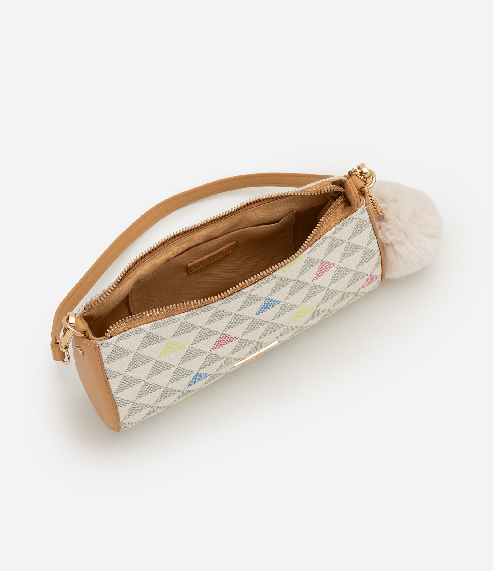 Bolsa Baguete em PU com Estampa Geométrica e Pompom Removível Off White/Bege 5