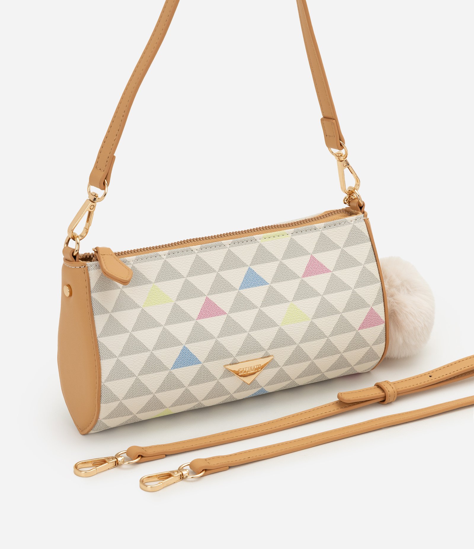 Bolsa Baguete em PU com Estampa Geométrica e Pompom Removível Off White/Bege 6
