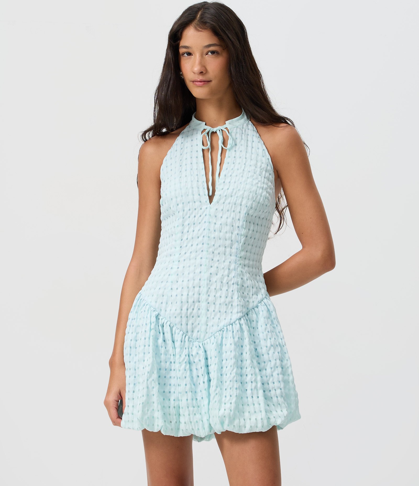 Vestido Frente Única Balonê em Jacquard Xadrez Azul 2