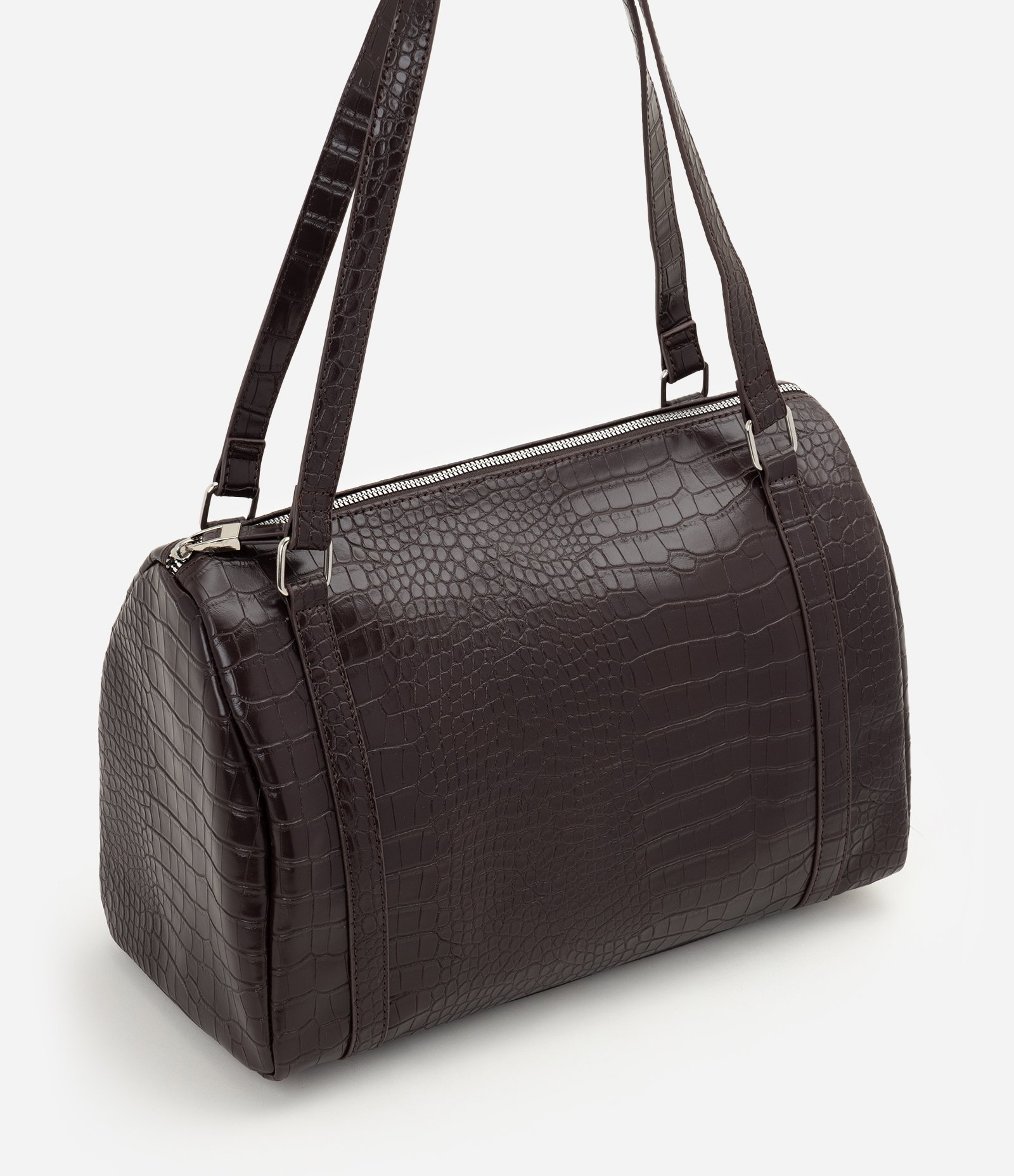 Bolsa Bowling Grande em PU com Textura Croco Marrom 2