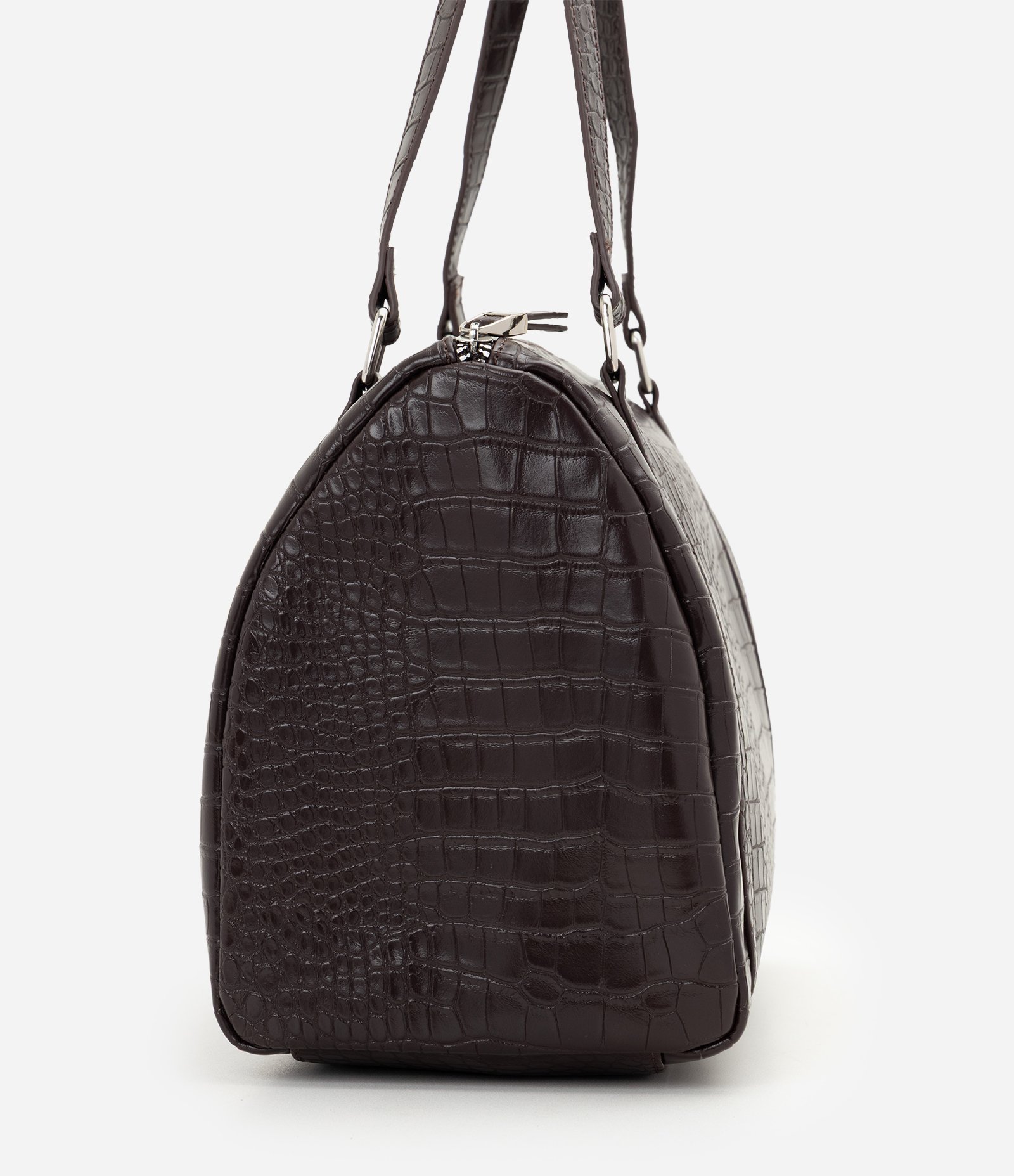 Bolsa Bowling Grande em PU com Textura Croco Marrom 3