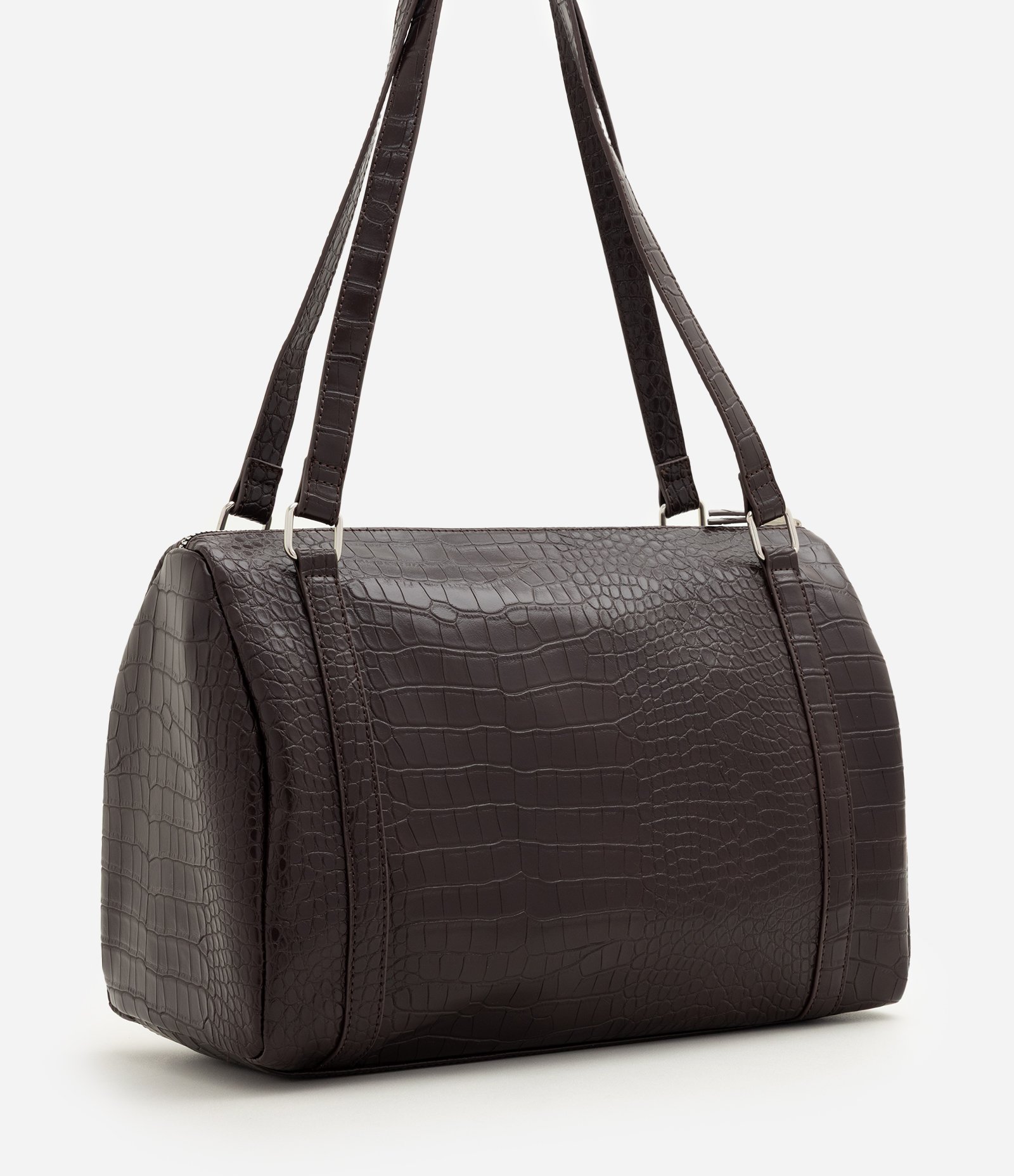 Bolsa Bowling Grande em PU com Textura Croco Marrom 4