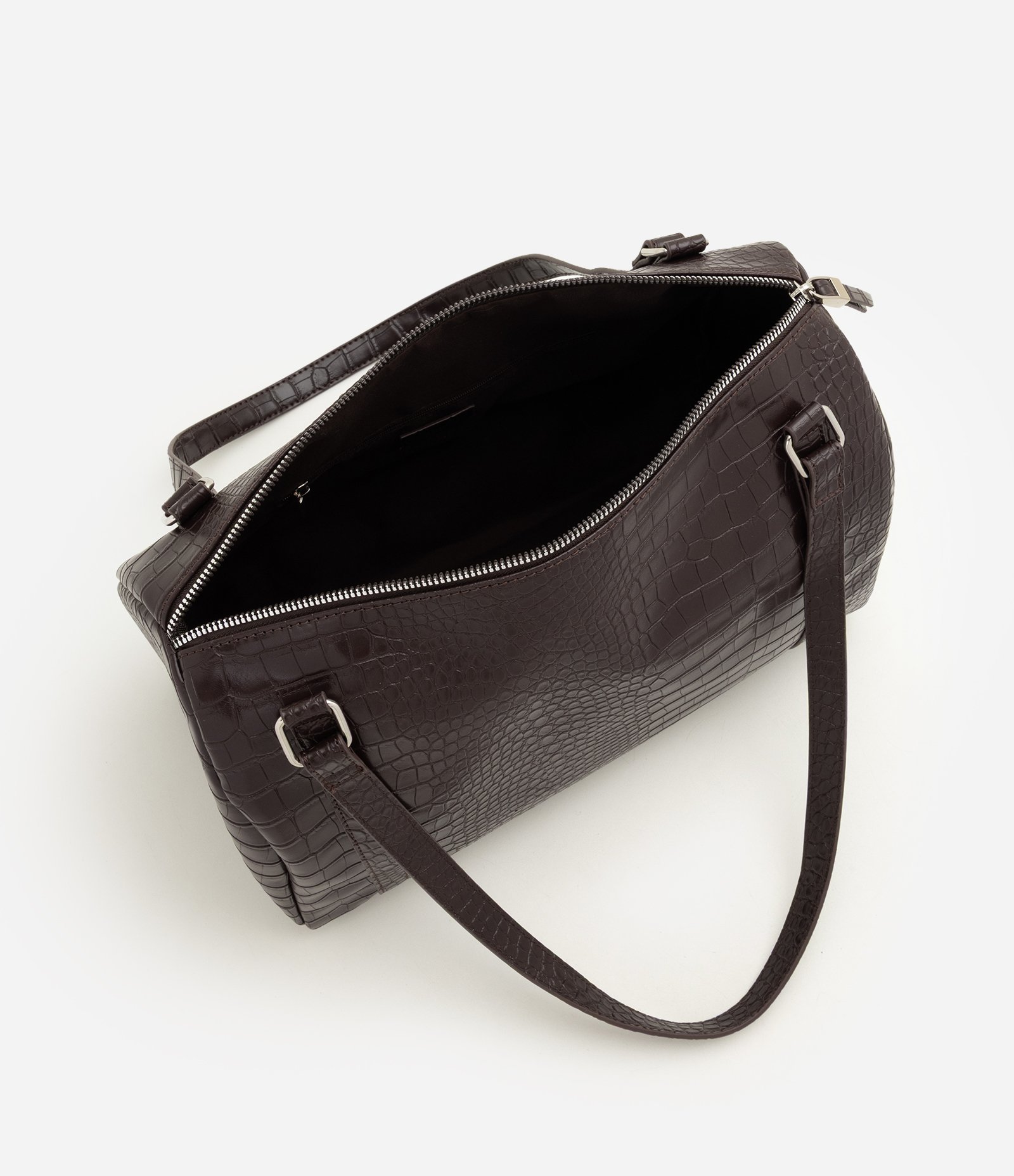 Bolsa Bowling Grande em PU com Textura Croco Marrom 5