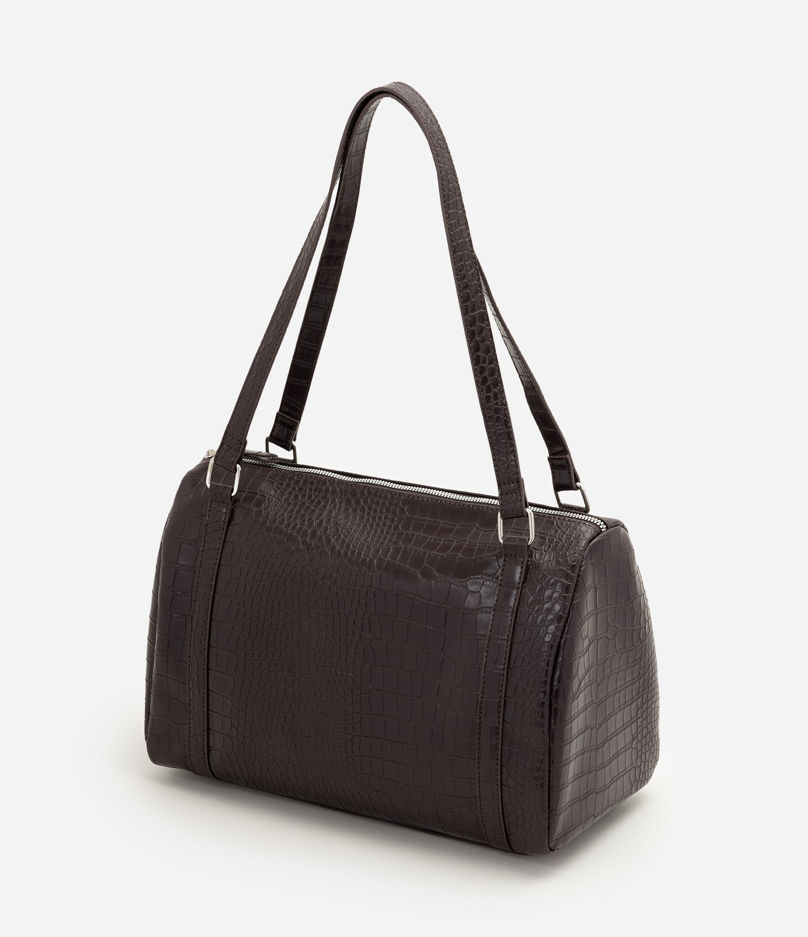 Bolsa Bowling Grande em PU com Textura Croco Marrom 6