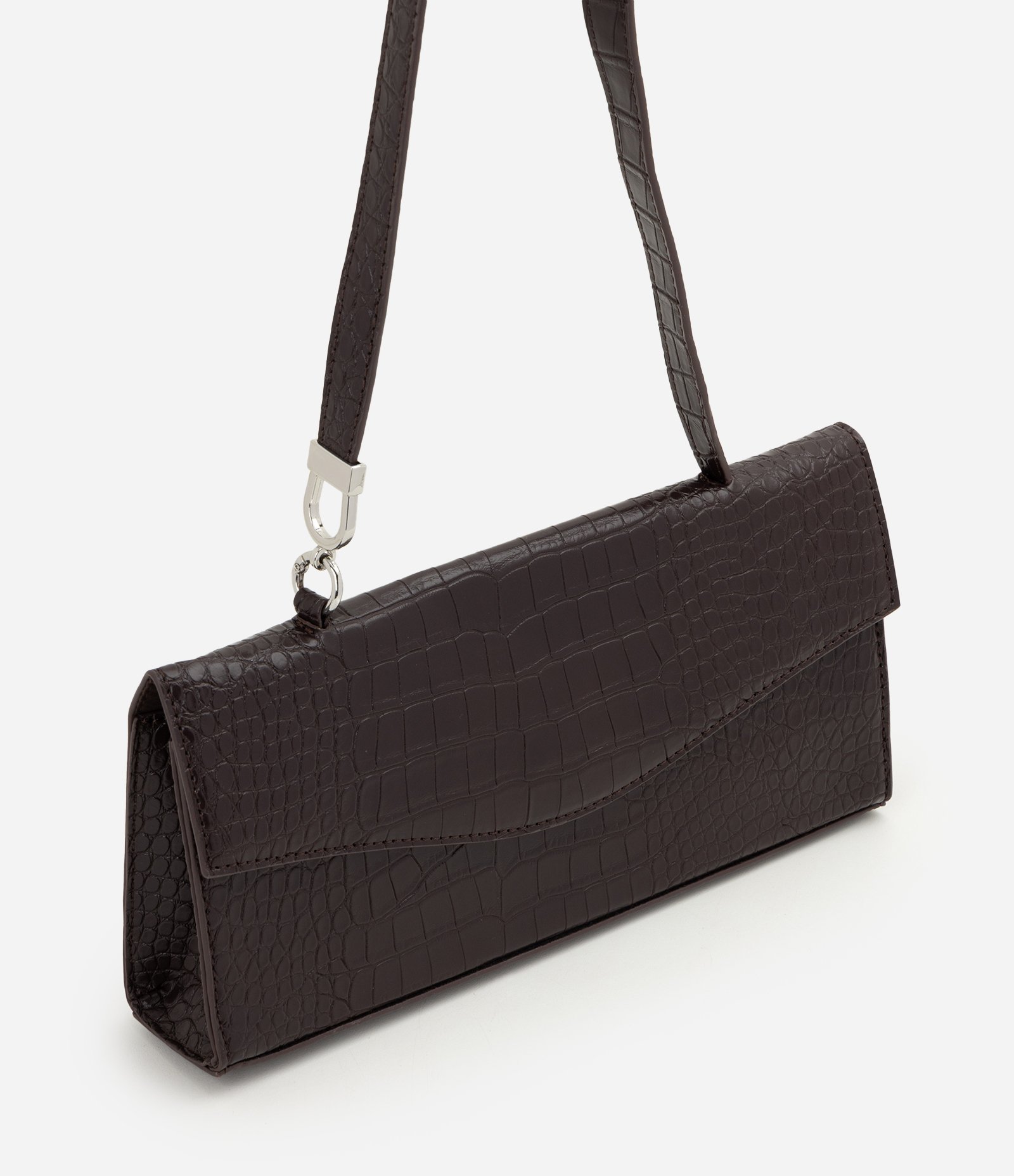 Bolsa Baguete Média em PU com Textura Croco Marrom 1