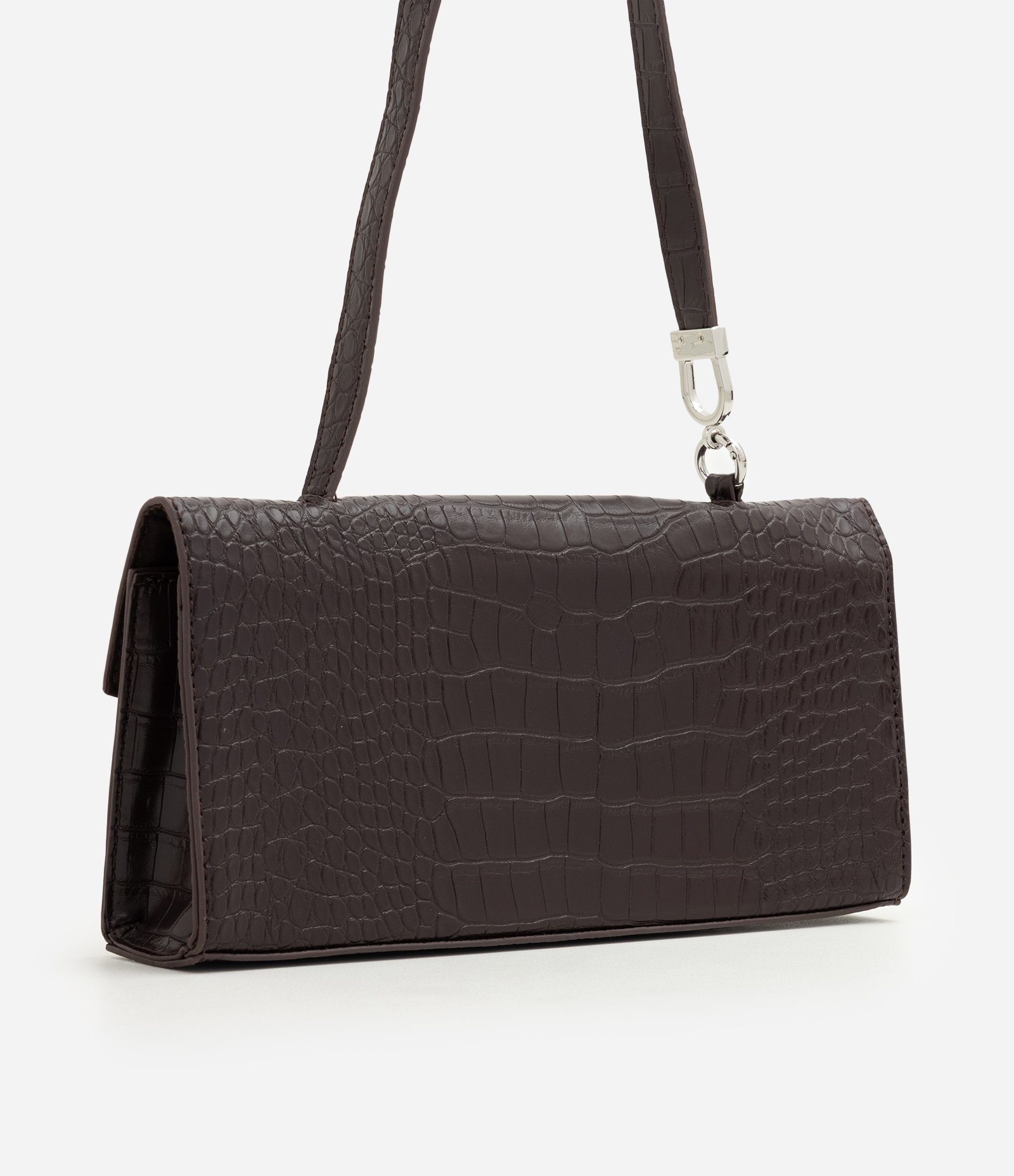 Bolsa Baguete Média em PU com Textura Croco Marrom 3