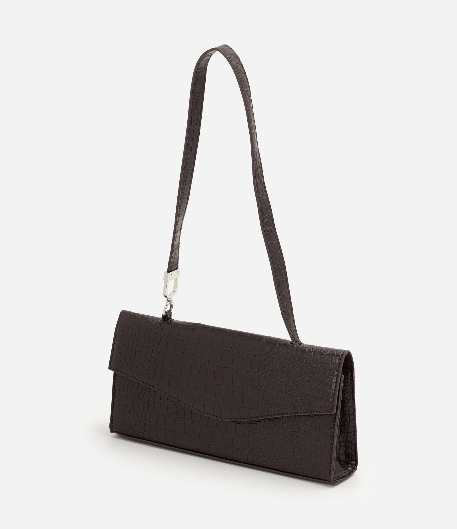 Bolsa Baguete Média em PU com Textura Croco Marrom 4