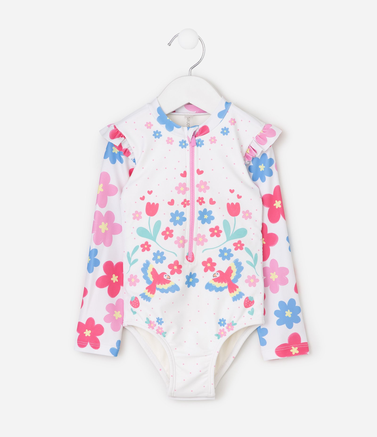 Maiô Infantil Floral com Babados nos Ombros e Zíper Frontal - Tam 1 a 4 Anos Branco 1