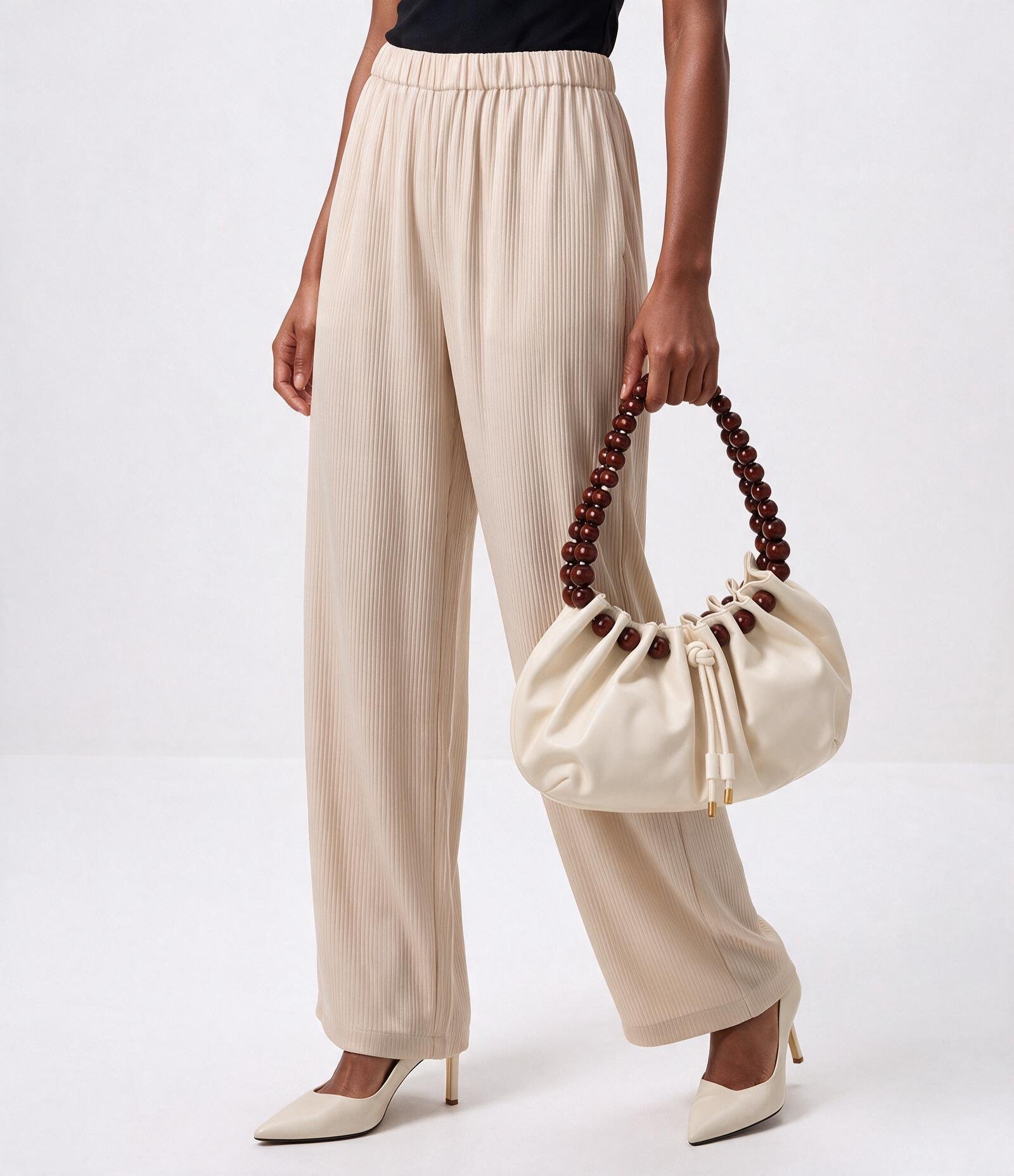 Bolsa Hobo em PU com Alça em Formato de Bolas Efeito Amadeirado Off White 1
