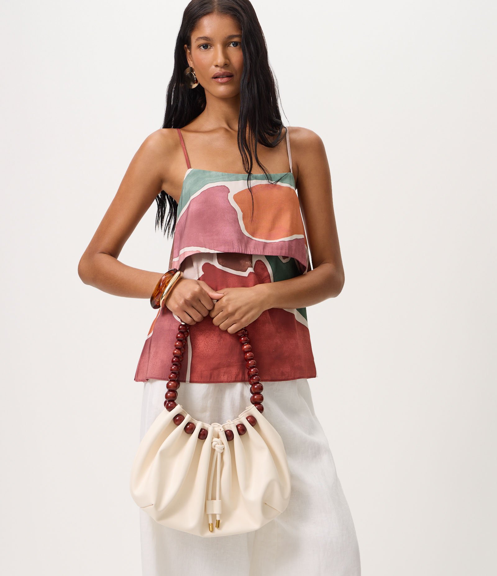 Bolsa Hobo em PU com Alça em Formato de Bolas Efeito Amadeirado Off White 7