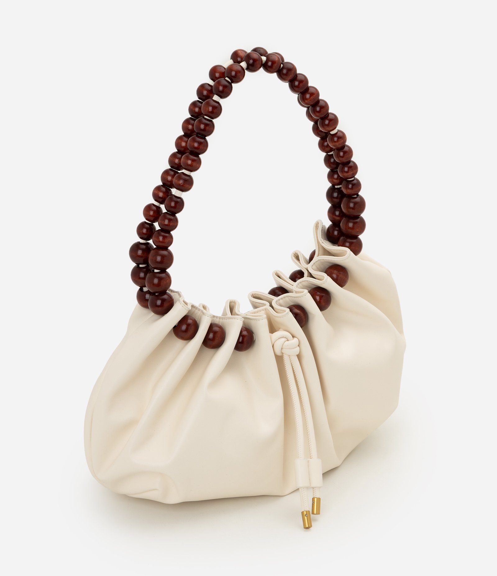 Bolsa Hobo em PU com Alça em Formato de Bolas Efeito Amadeirado Off White 2