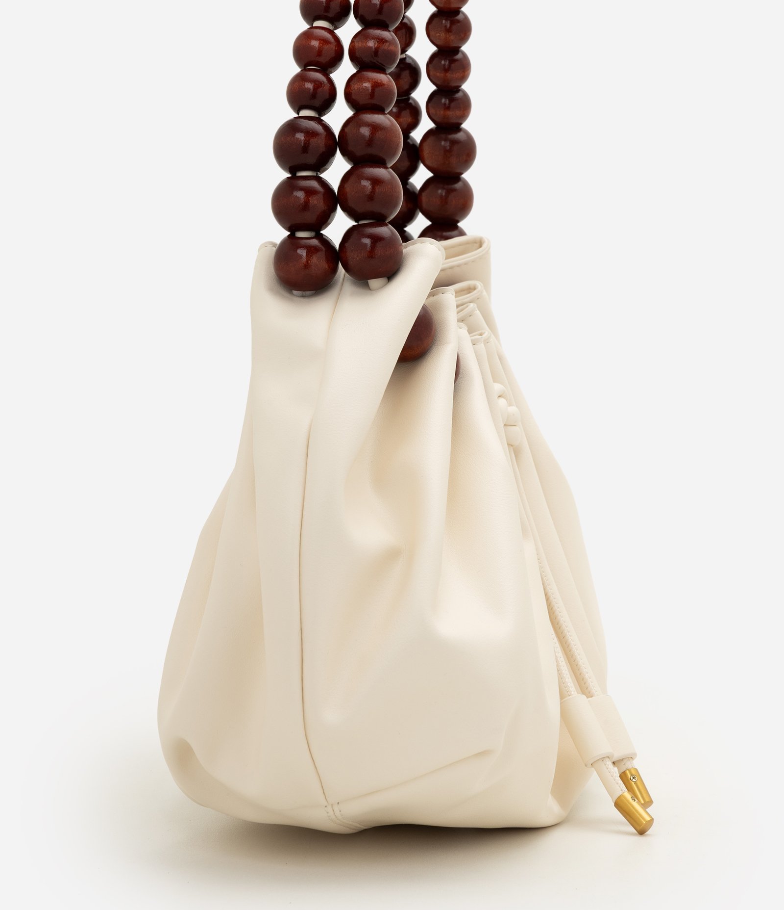 Bolsa Hobo em PU com Alça em Formato de Bolas Efeito Amadeirado Off White 3