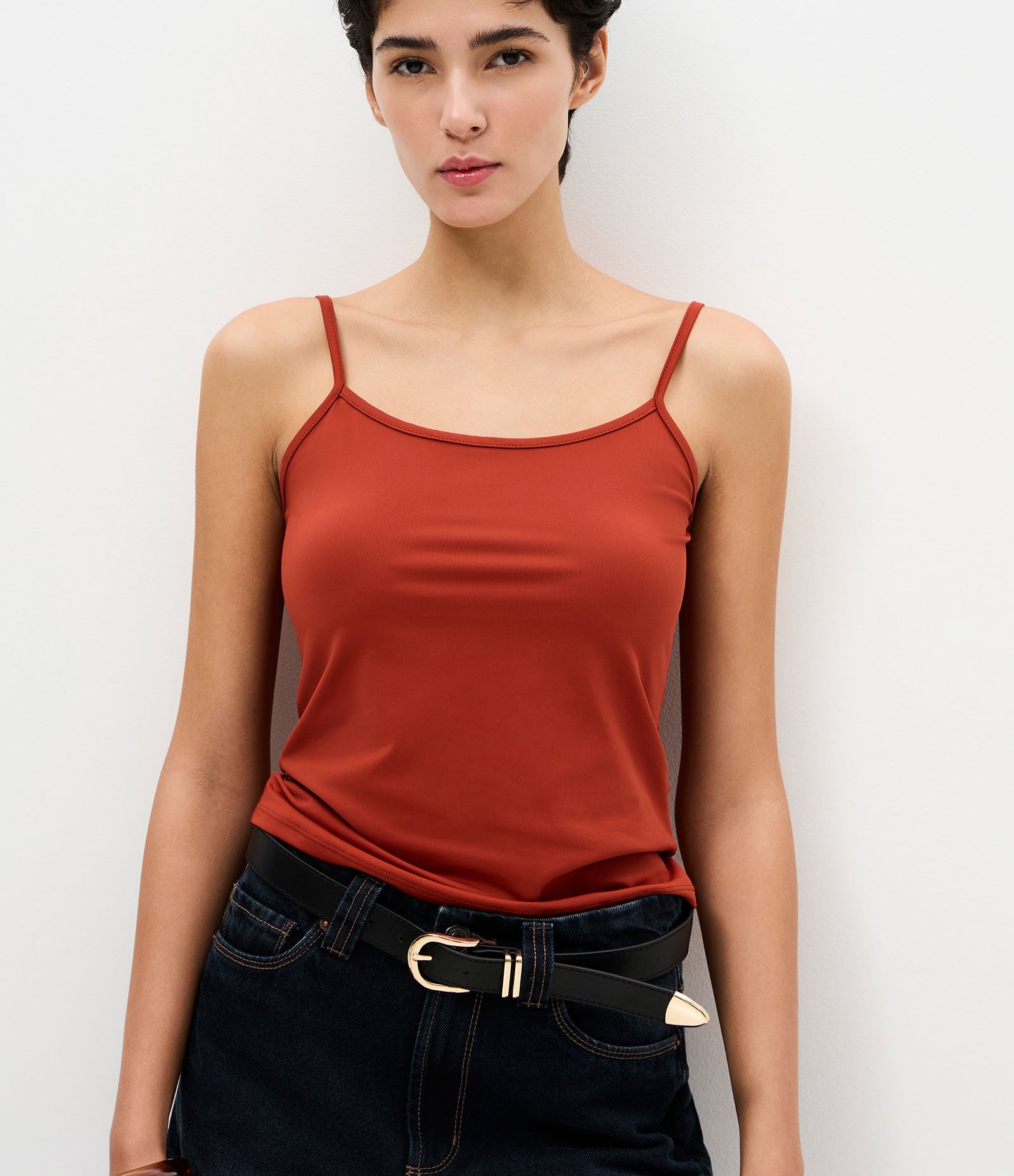 Blusa Básica em Poliamida com Alças Finas Laranja 1