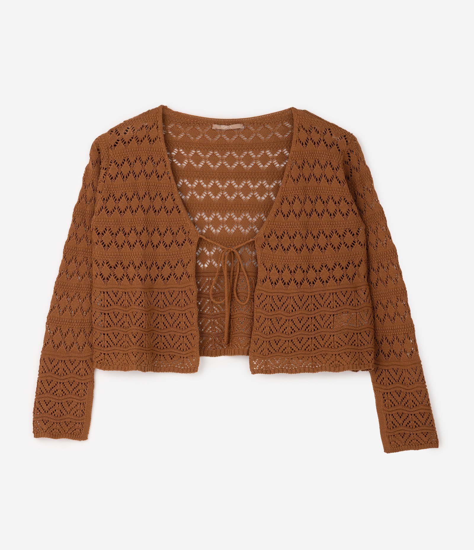 Casaco em Tricô Curto com Amarração Frontal Curve & Plus Size Marrom 5