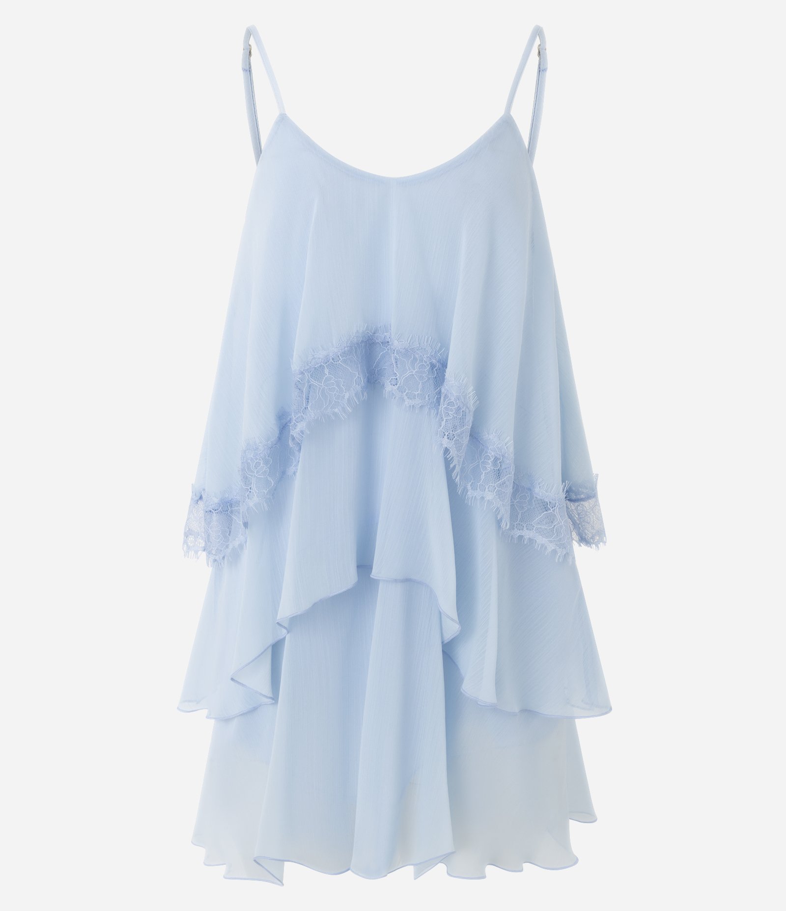 Vestido Curto em Chiffon com Babados em Camadas e Detalhe em Renda Azul 1