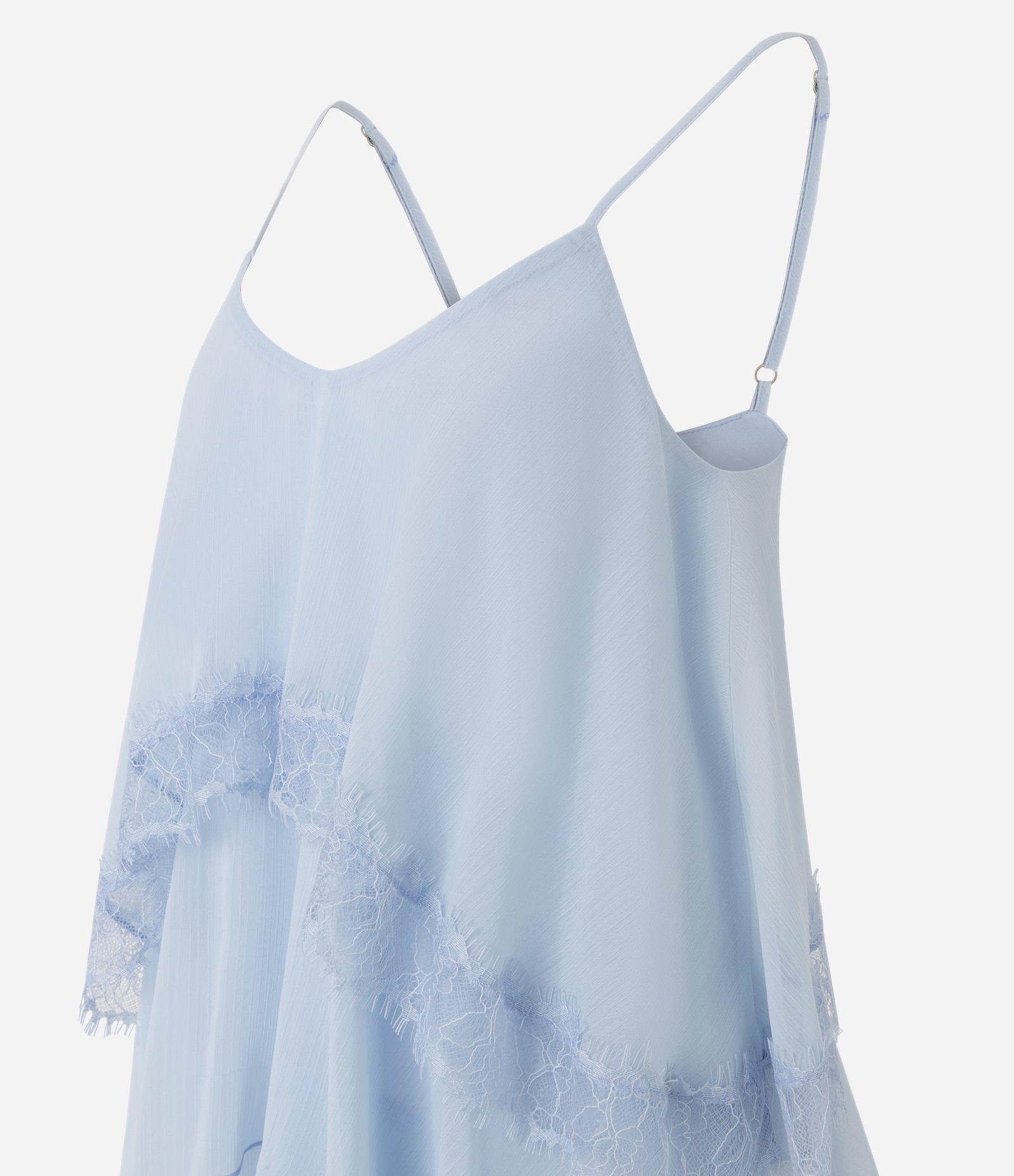 Vestido Curto em Chiffon com Babados em Camadas e Detalhe em Renda Azul 2