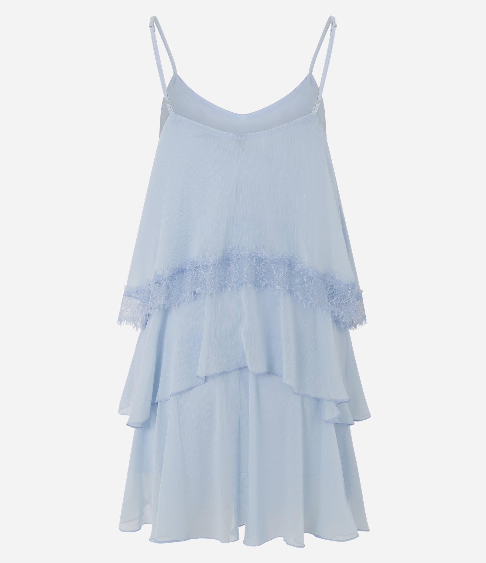Vestido Curto em Chiffon com Babados em Camadas e Detalhe em Renda Azul 3