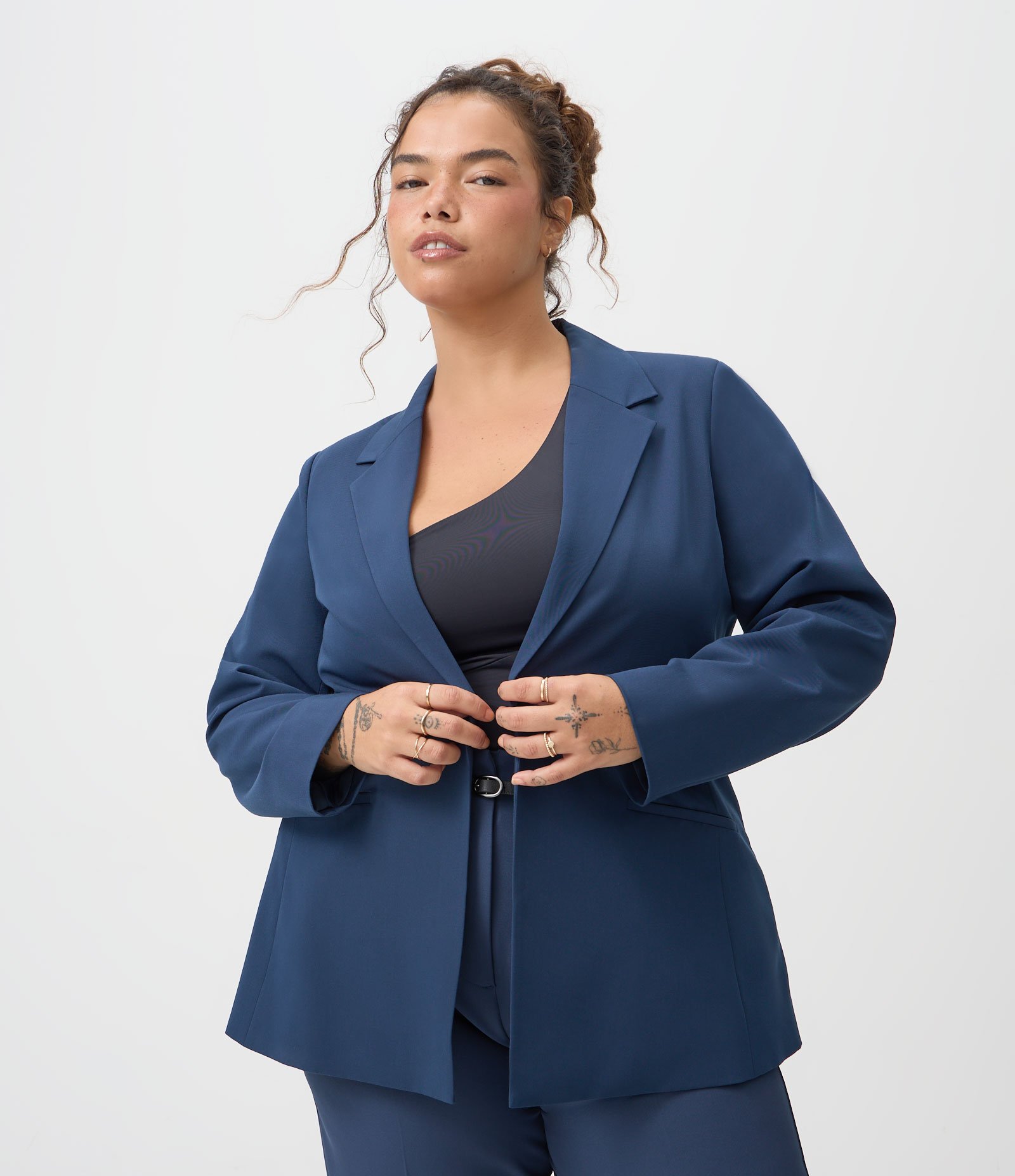 Blazer Alongado em Crepe sem Botão Curve & Plus Size Azul 1