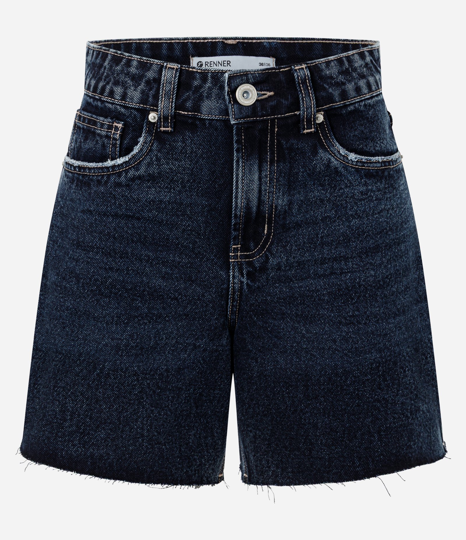 Short Midi em Jeans com Cintura Média Bolsos e Barra Desfiada Azul Escuro 1